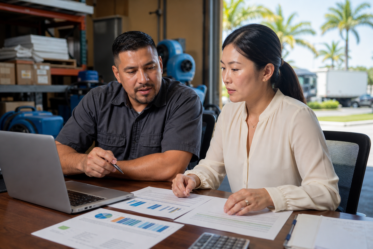 Florida restoration business broker reviewing company financials before a sale