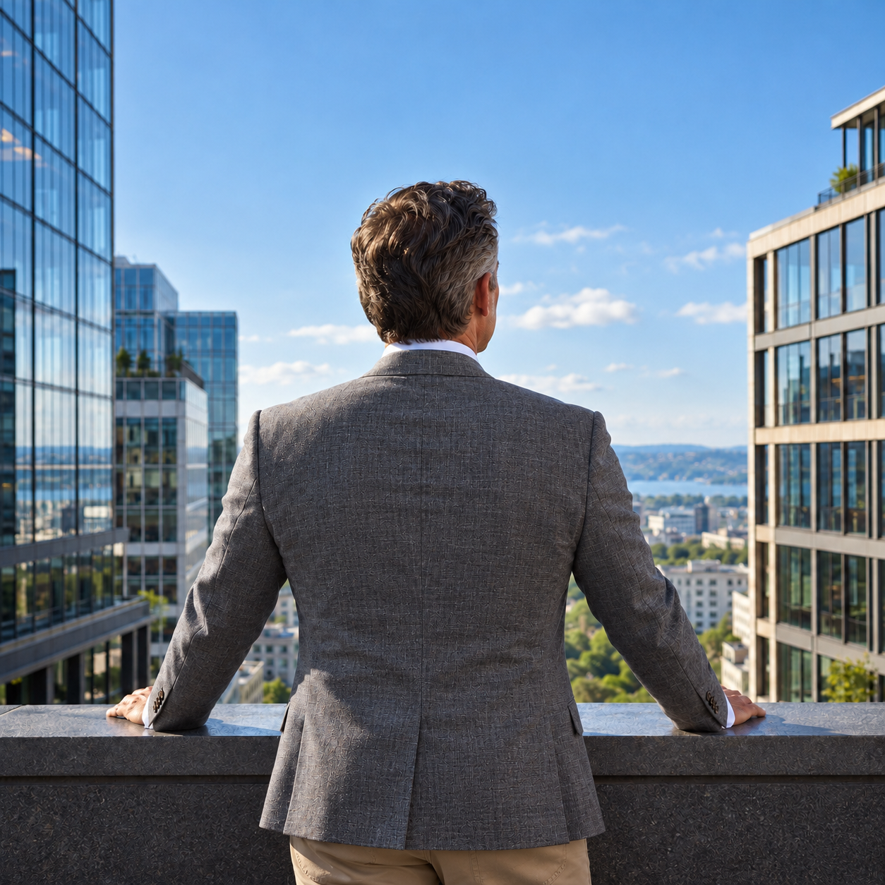 Business owner in a gray sport coat looking ahead across a modern city skyline.