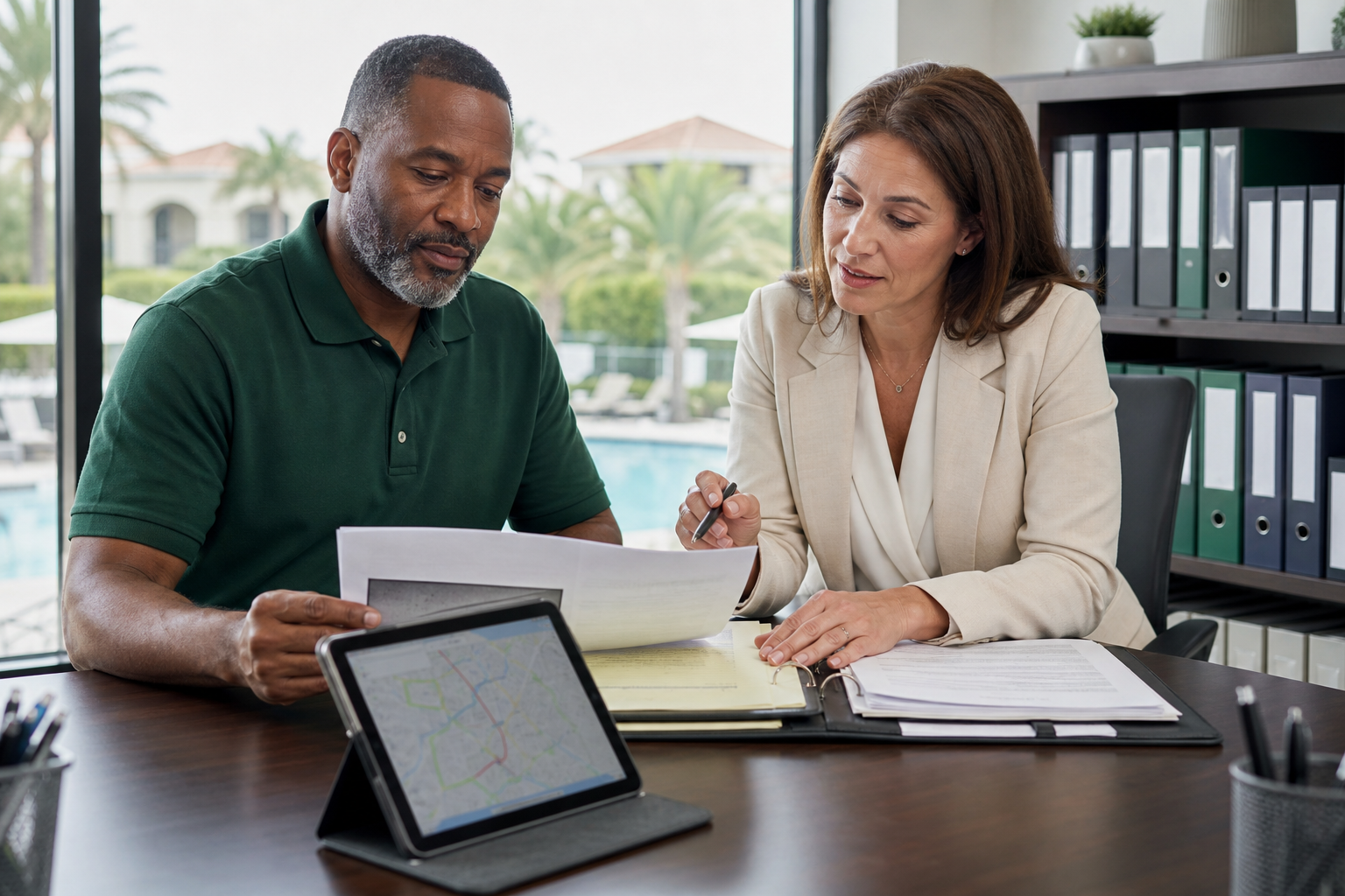 Pool service business broker Florida reviewing recurring route revenue and company valuation