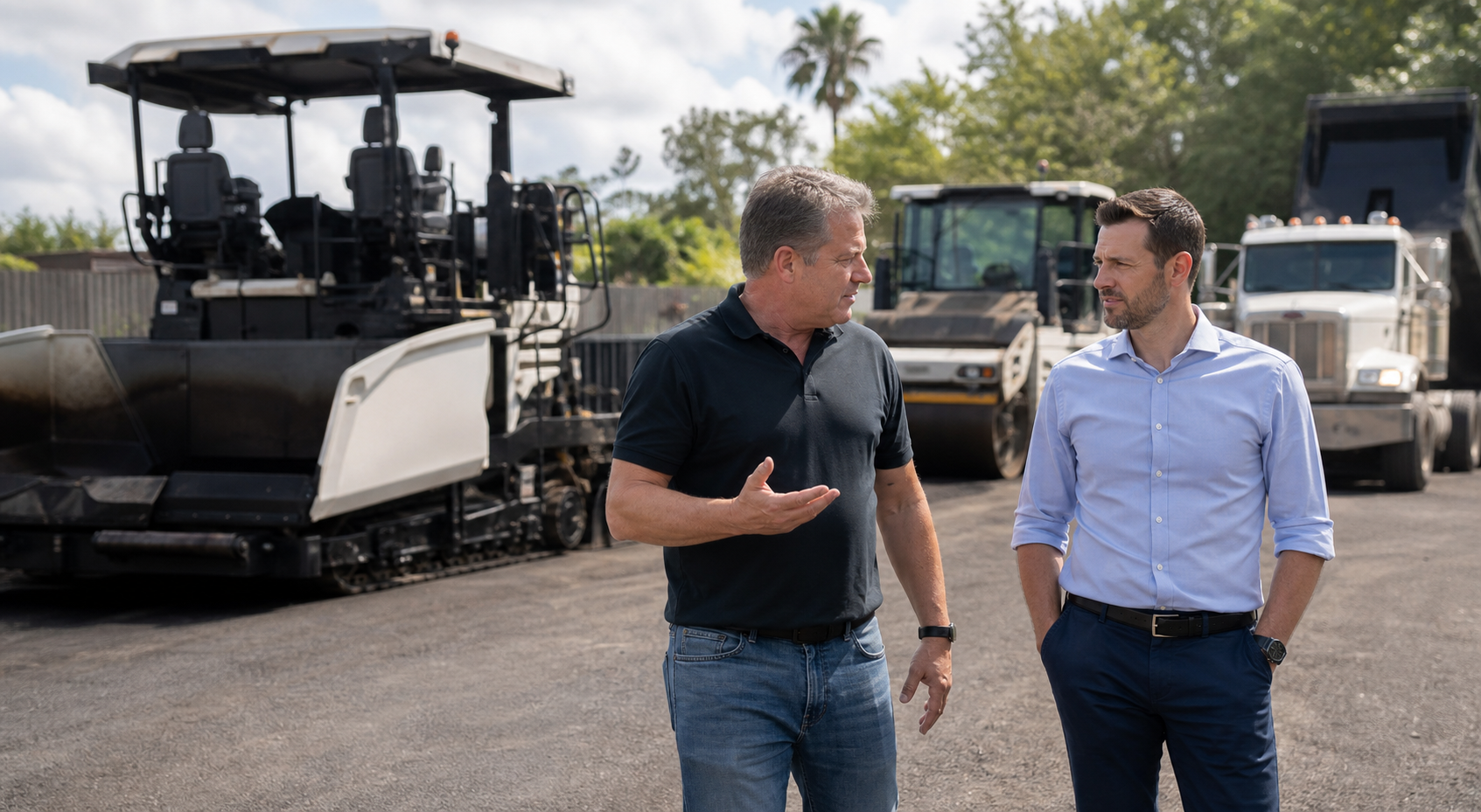 Sell My Paving Business in Florida — owner reviewing equipment with a business advisor