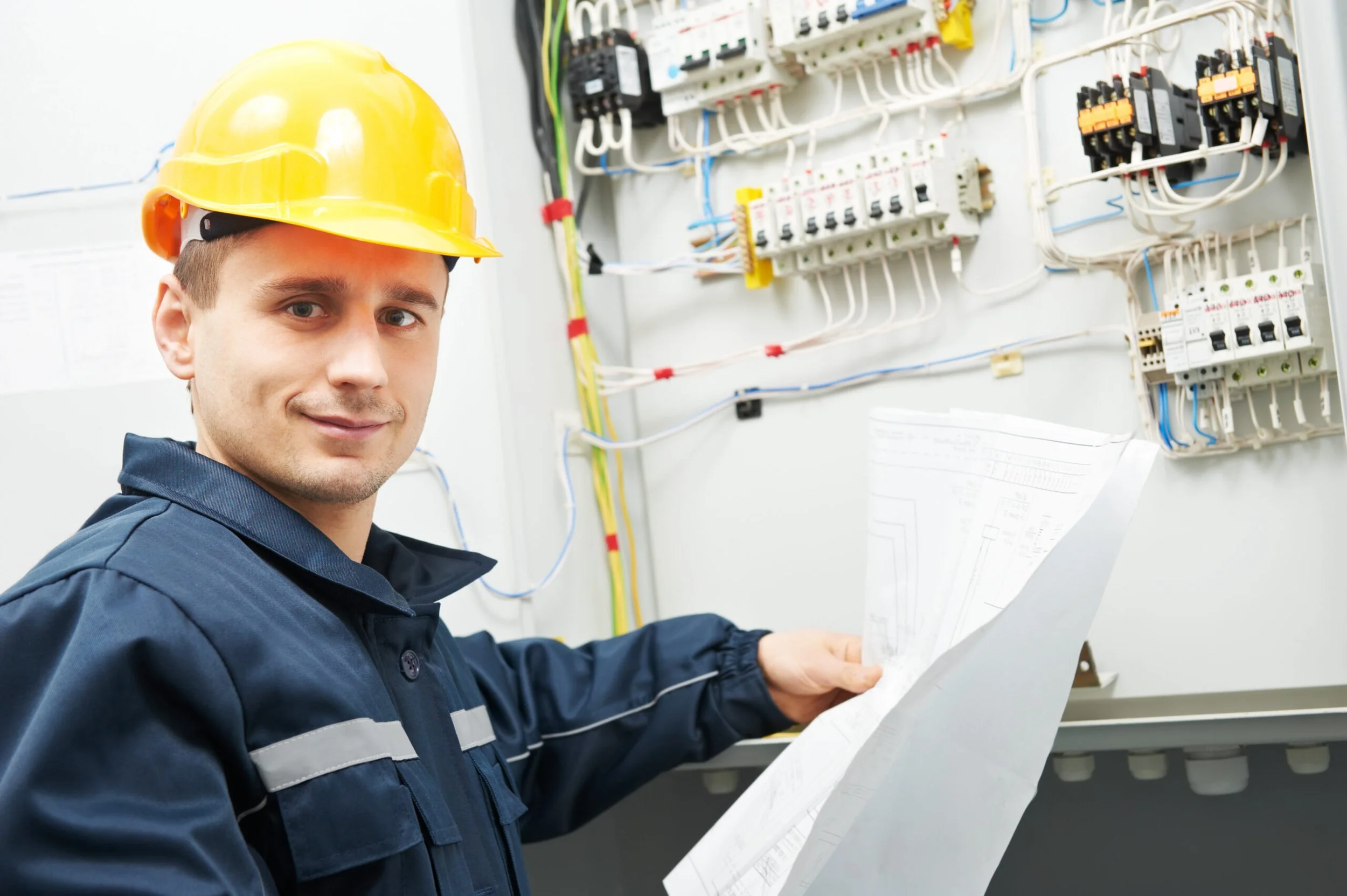 Commercial electrician reviewing project plans beside electrical controls