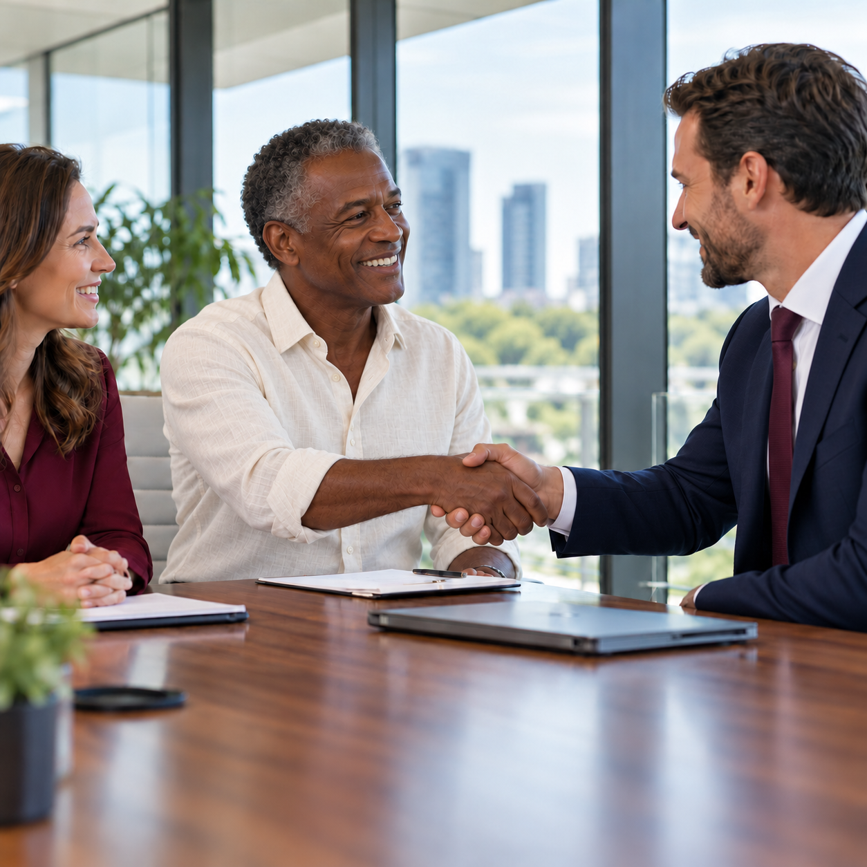 Business owner in a casual cream shirt shaking hands with an advisor in a navy suit.