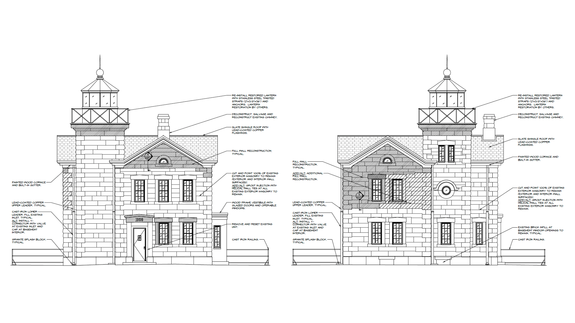Architectural blueprint of a lighthouse with restoration notes, including details on lantern structure, copper roofing, and masonry work.