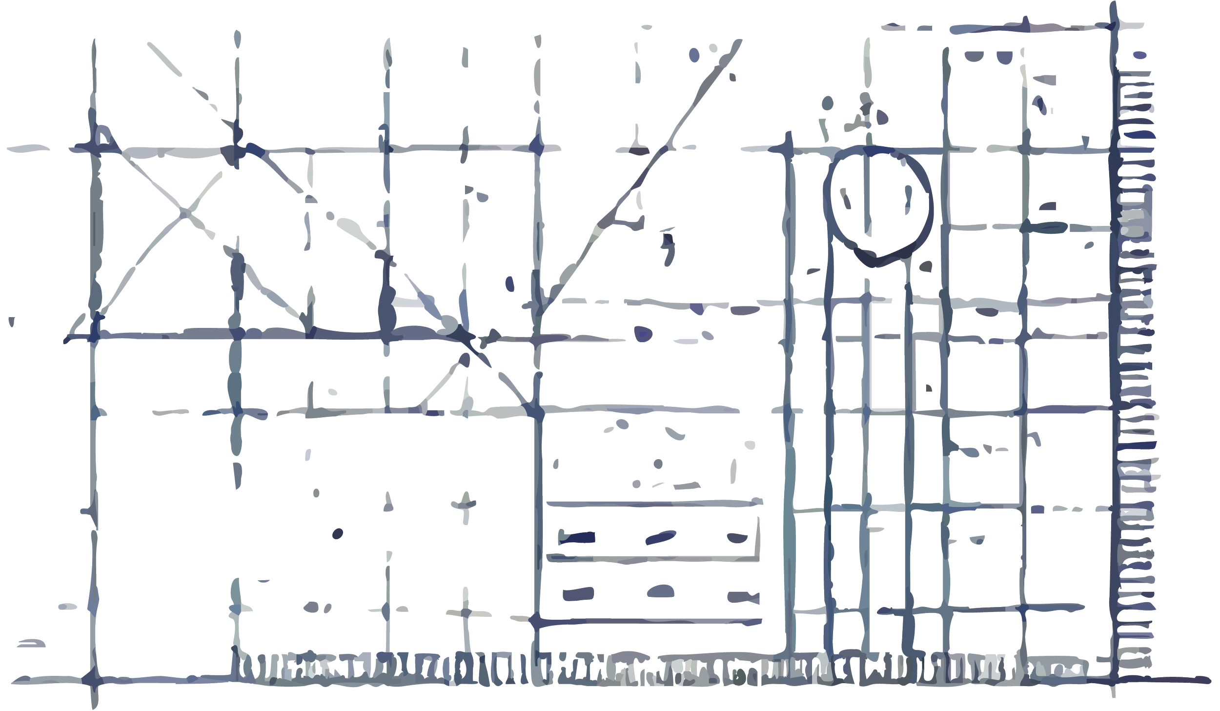 Abstract architectural blueprint with grid lines and geometric shapes in blue tones.