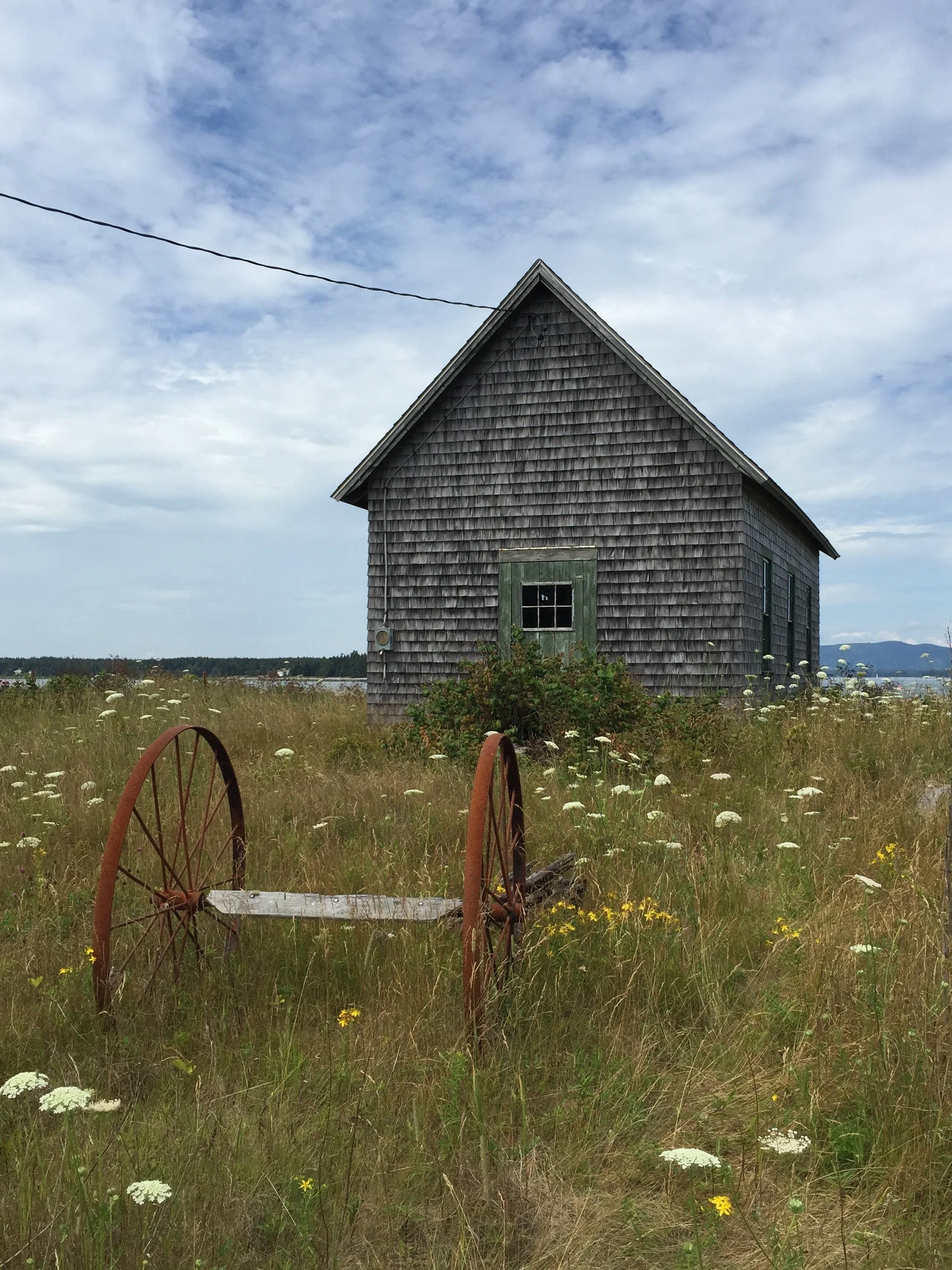 Old wooden shed with weathered shingles in a field of wildflowers, featuring a rusted two-wheeled cart frame in the foreground under a cloudy sky.