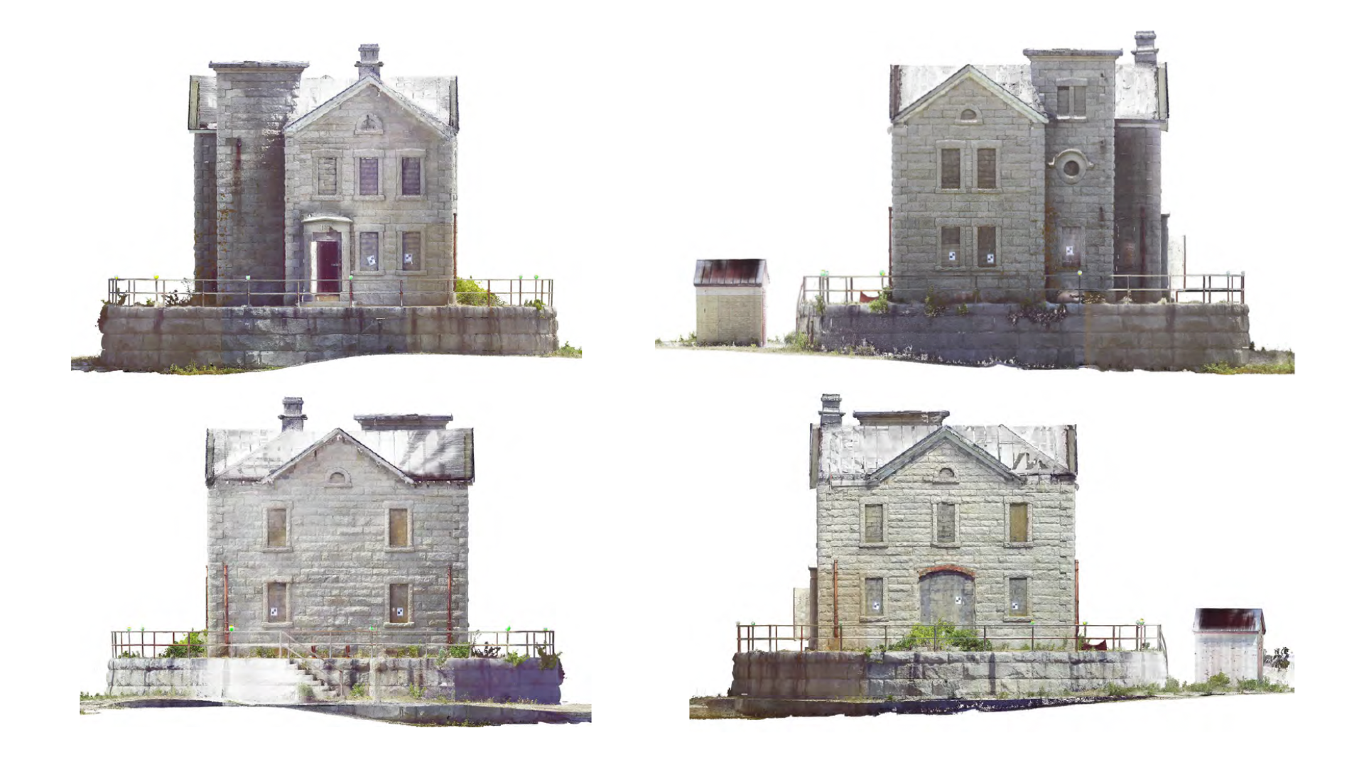 Four views of a stone building with a pitched roof and tower, surrounded by a railing.