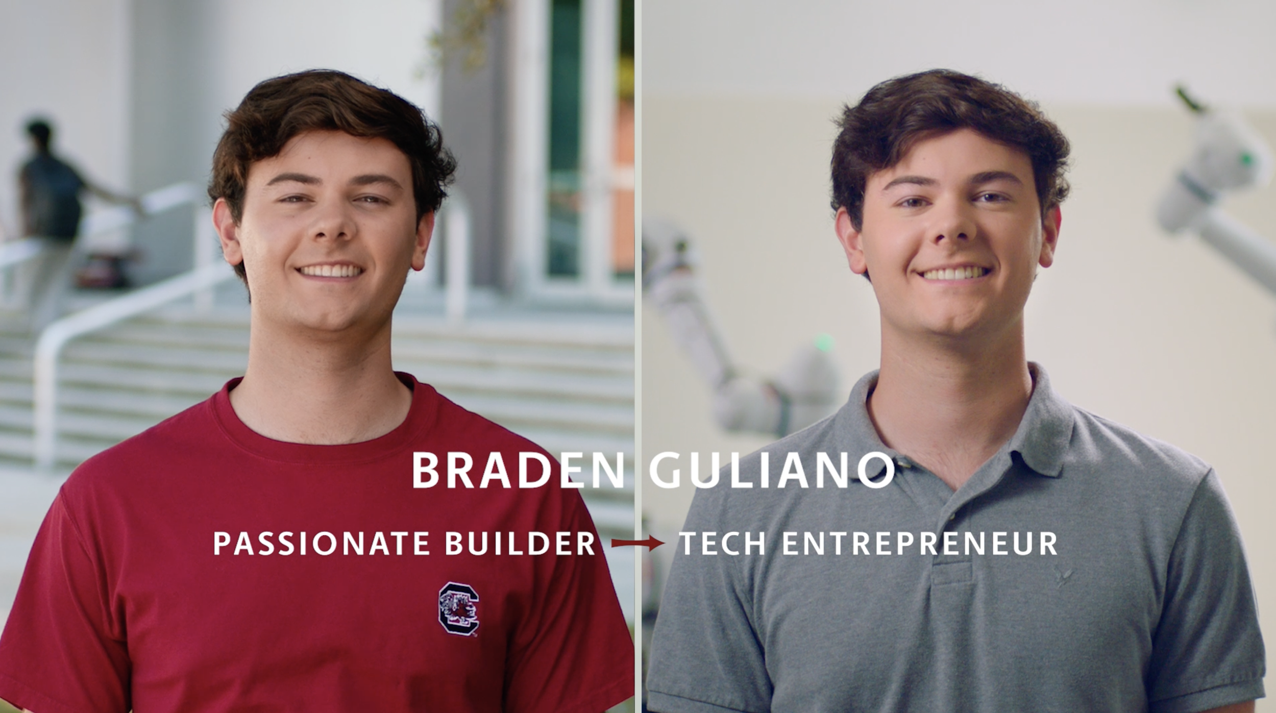 Split image of a young men wearing a red shirt with the University of South Carolina logo. With text 'Braden Giuliano: Passionate Builder to Tech Entrepreneur'.