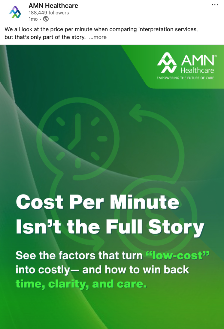 AMN Healthcare graphic explaining that cost per minute is not the full story when evaluating medical interpretation services.