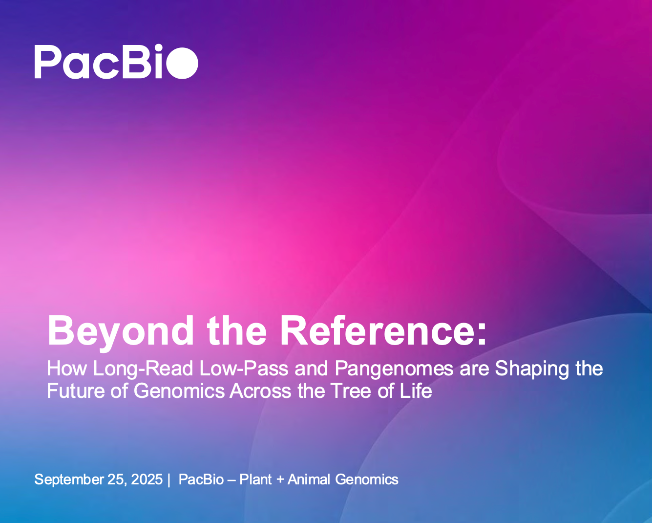 Cover page of a scientific publication titled "Beyond the Reference: How Long-Read Low-Pass and Pangenomes are Shaping the Future of Genomics Across the Tree of Life" by PacBio, published on September 25, 2025, under the Plant + Animal Genomics section, with a colorful abstract background.