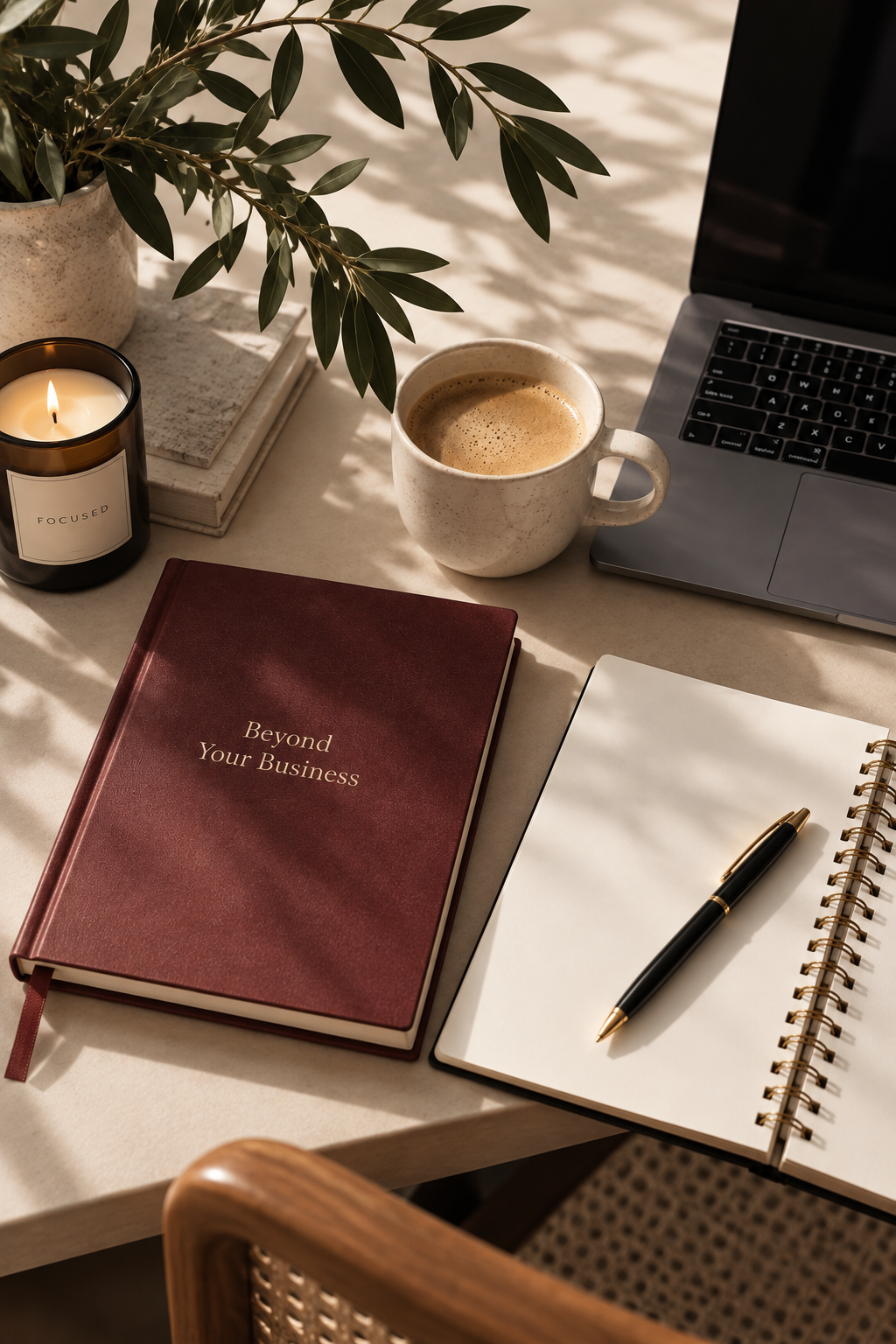 A workspace with a laptop, a red notebook titled 'Beyond Your Business', a white notepad with a black and gold pen, a cup of coffee, a candle labeled 'FOCUSED', a small notebook, and a potted plant on a light-colored desk, with sunlight casting shadows.