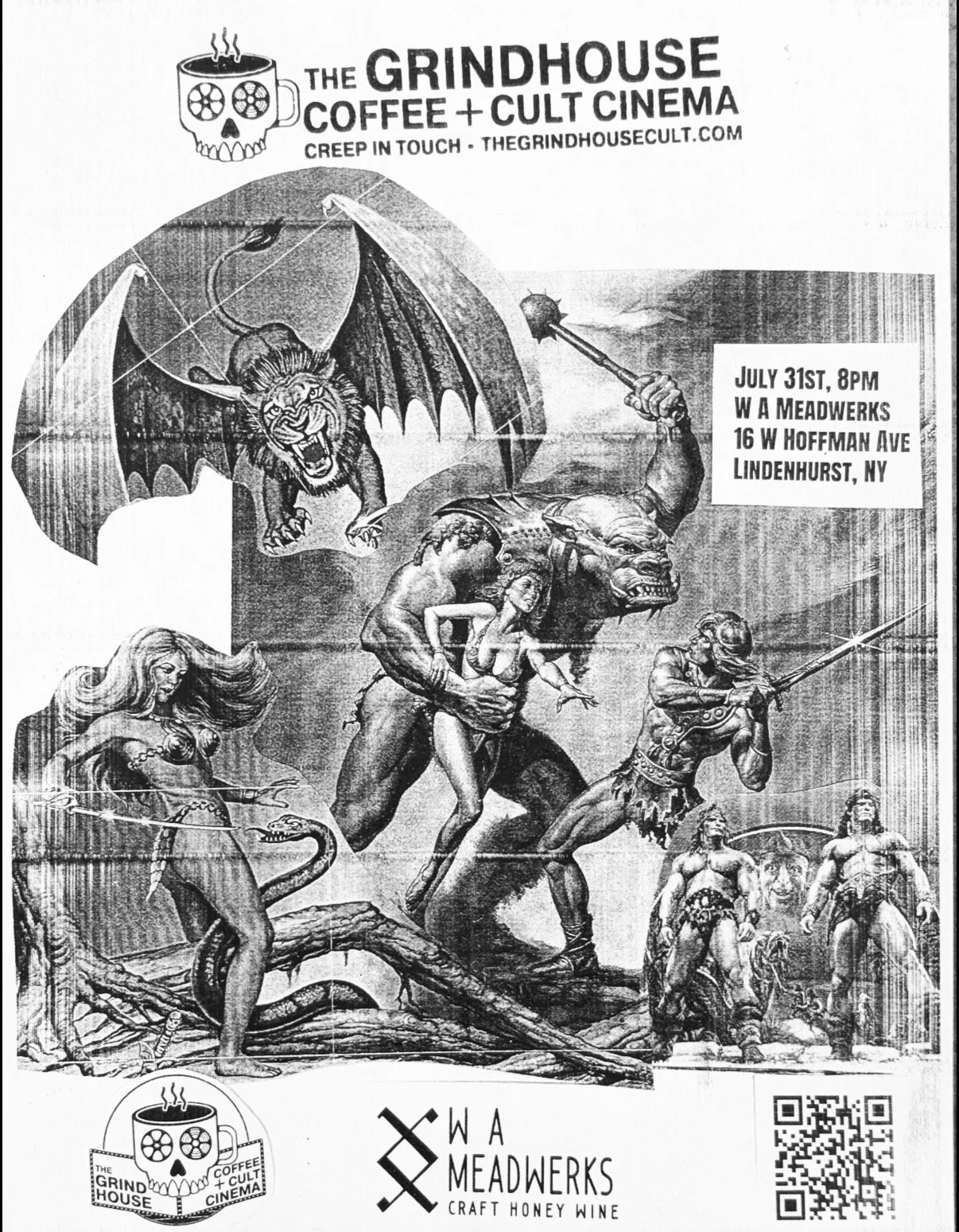 Black and white poster promoting a fantasy-themed event at The Grindhouse Coffee + Cult Cinema in Lindenhurst, NY, featuring mythical creatures and warriors, with event details for July 31st at 8 PM.