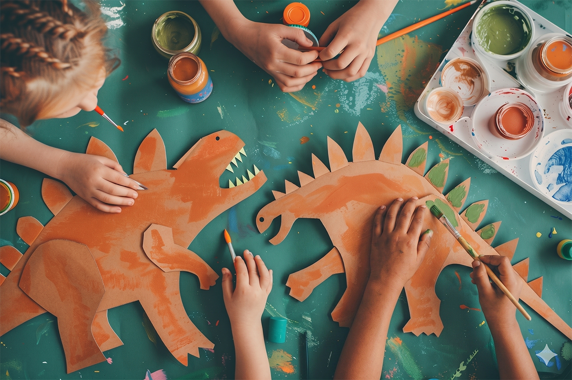 Children painting paper cutouts of dinosaurs at a table covered in paint and art supplies.