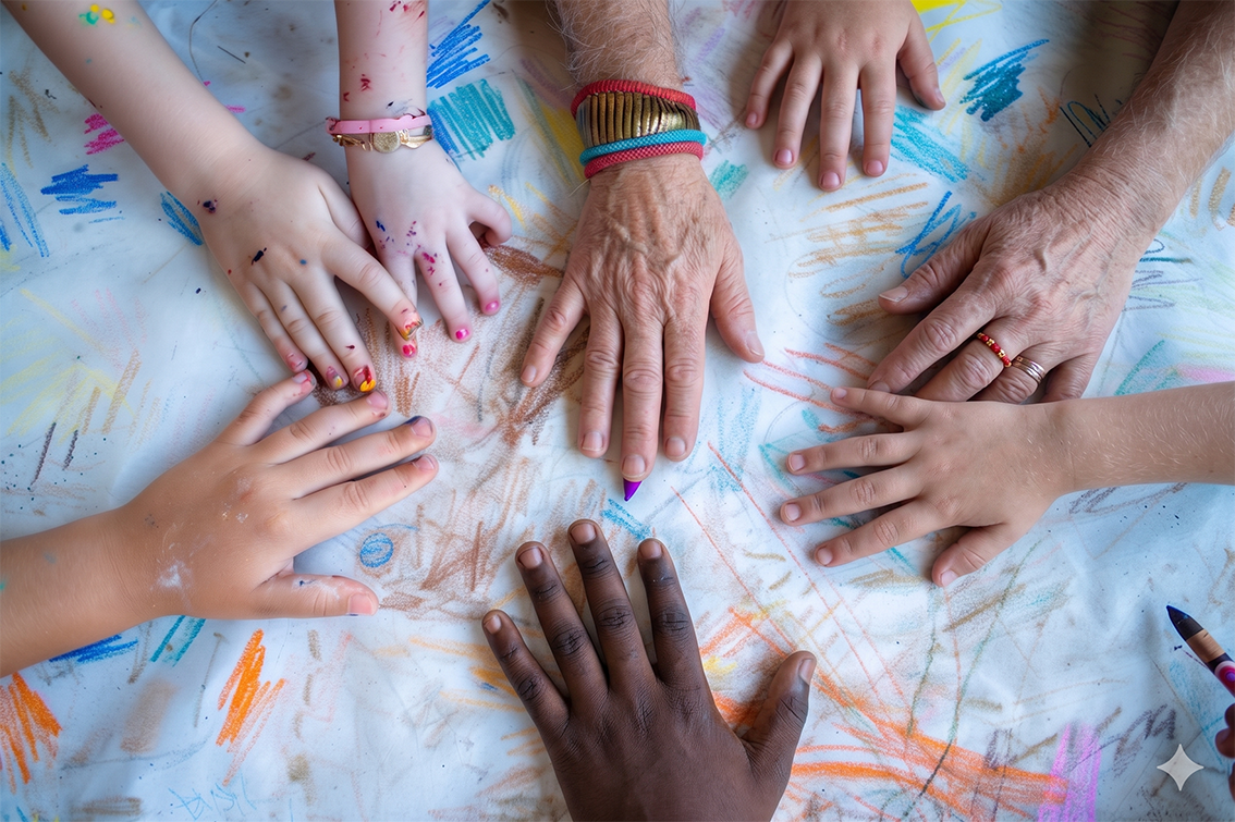 Multiple children and adult hands touching a colorful, scribbled drawing on a white surface.