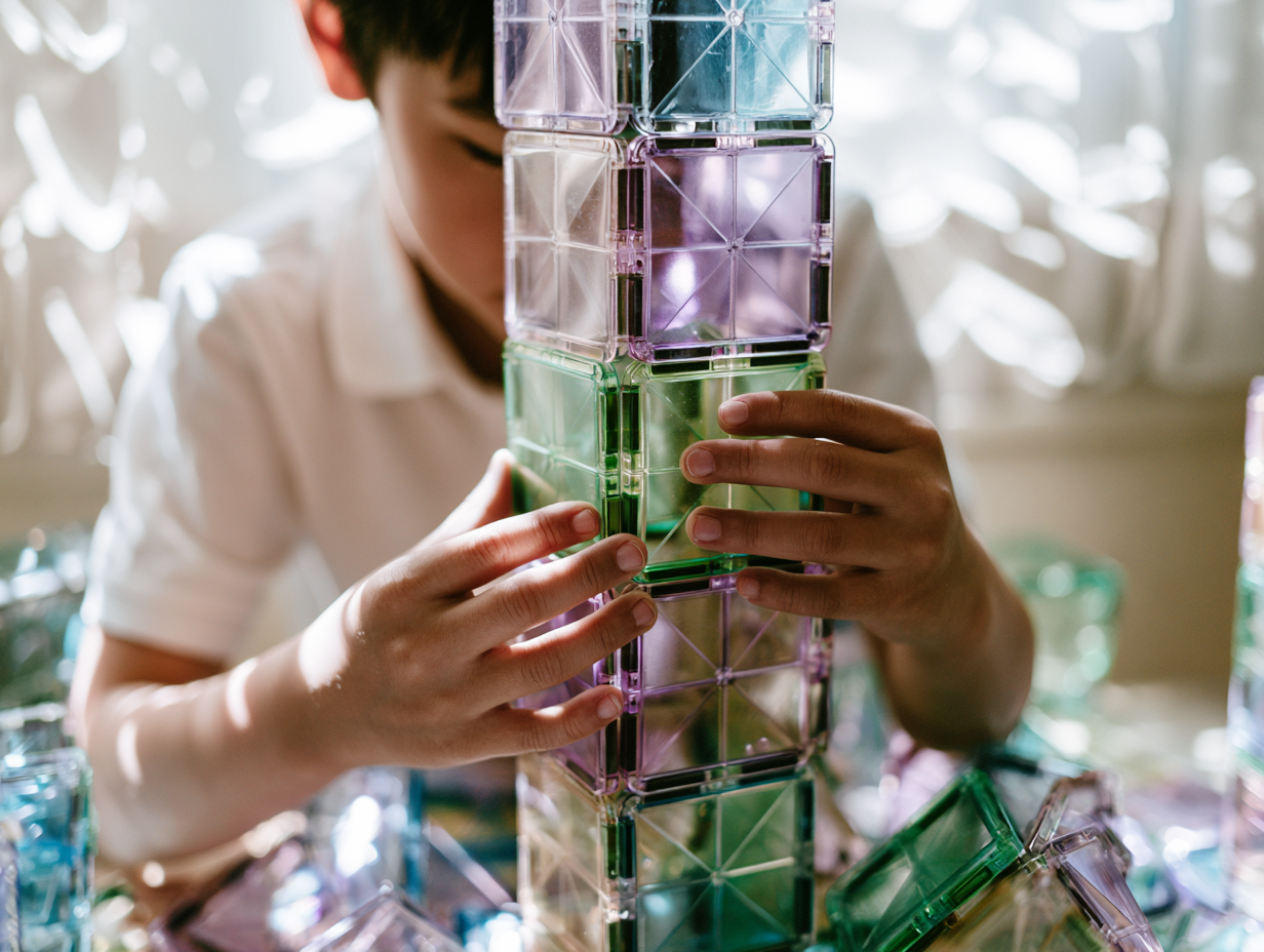 A young boy stacking colorful magnetic building tiles into a tower indoors.