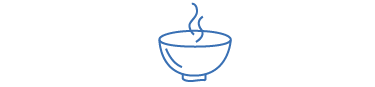 A simple blue line drawing of a hot bowl of soup with steam rising.