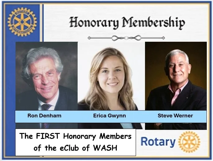 Image of an Honorary Membership certificate for the Rotary Club of WASH, featuring photos and names of Ron Denham, Erica Gwynn, and Steve Werner, with the Rotary logo and a blue and gold color scheme.