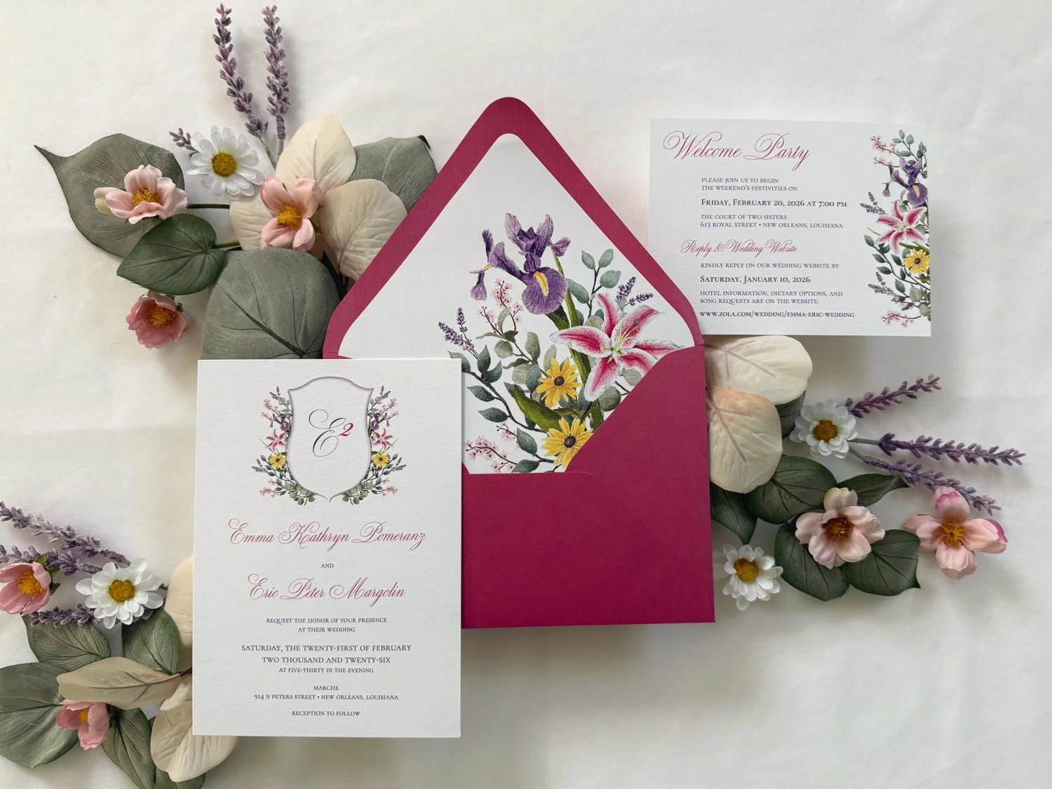 Pink and Purple floral wedding invitations