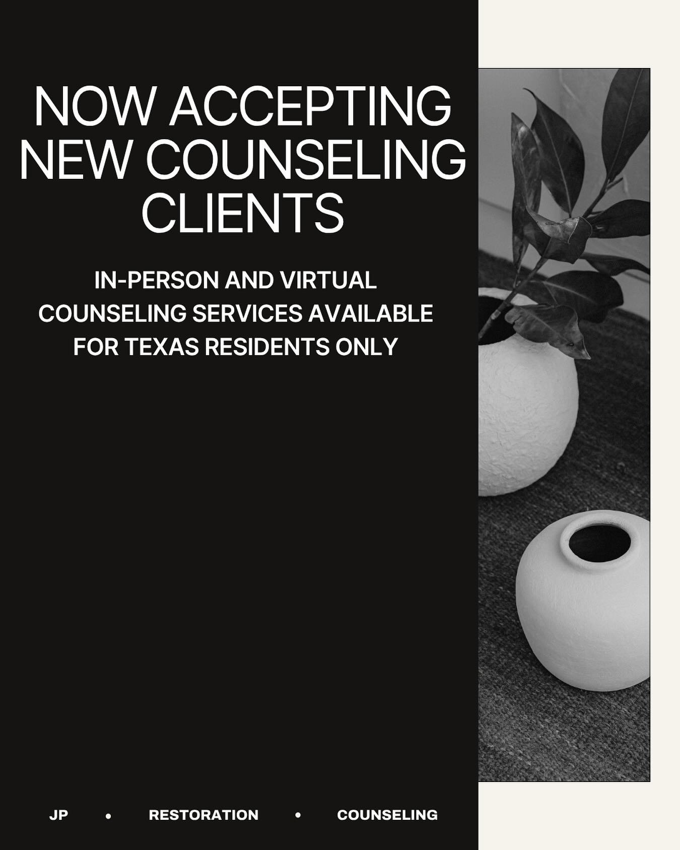 Interested in counseling? 

JP Restoration Counseling is accepting new clients! To learn more about our services, you can visit our website jprestorationcounseling.com or schedule a complimentary consultation call with us at (469) 459-3030.