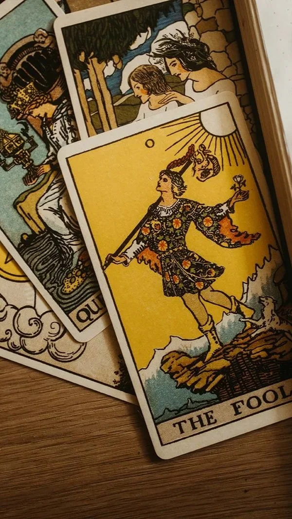 The Fool tarot card showing a young man standing on a cliff holding a staff and a flower, with a small dog at his feet, under a rising sun.
