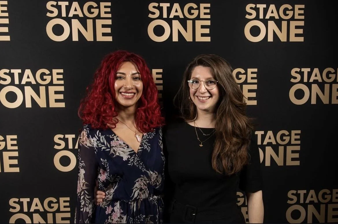 Rafia and her mentor Zareen Walker, pictured together at the Stage One summer drinks at Theatre Royal Drury Lane, May 2026.