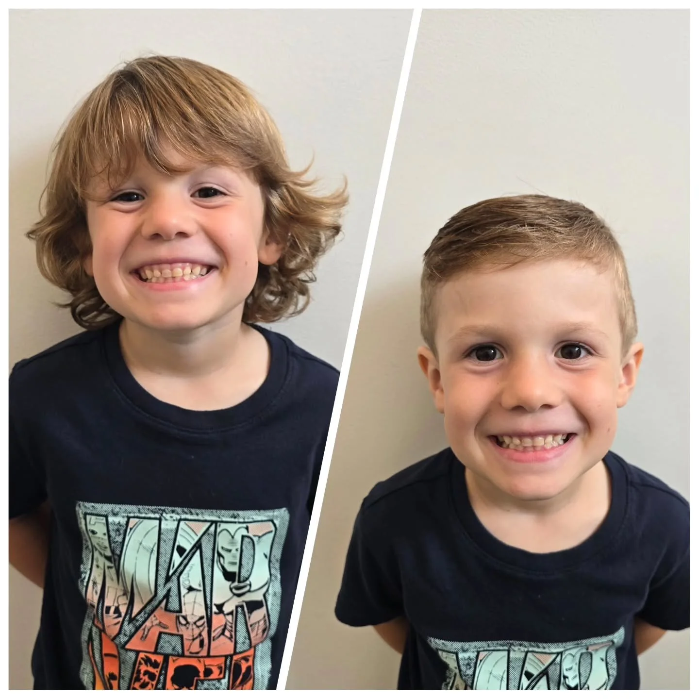 ✨✂️ Before &amp; After ✂️✨
From shaggy little wild child ➝ to fresh &amp; handsome in one haircut.
He may only be 5, but he&rsquo;s already rocking the cool kid look 😎💇&zwj;♂️

#BeforeAndAfter #FreshCut #LittleManStyle #CoolKidVibes #Transformation