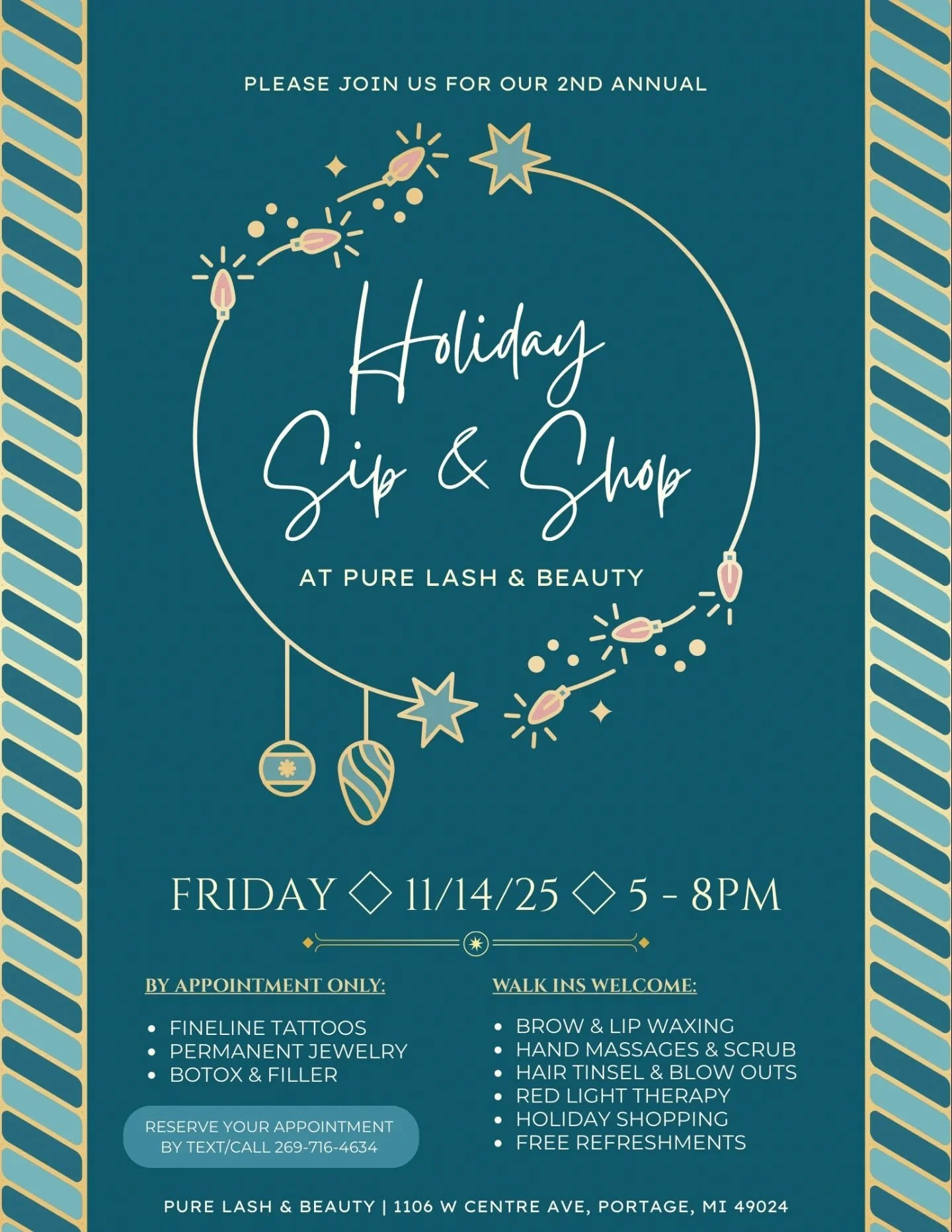 ✨ Sip, Shop &amp; Get Holiday-Ready! 🎁💋
Join us for our 2nd Annual Holiday Sip &amp; Shop at Pure Lash &amp; Beauty &mdash; an evening of pampering, sparkle, and festive fun! 💫

🗓️ Friday, 11/14/25 | 5&ndash;8PM
📍 1106 W Centre Ave, Portage, MI
