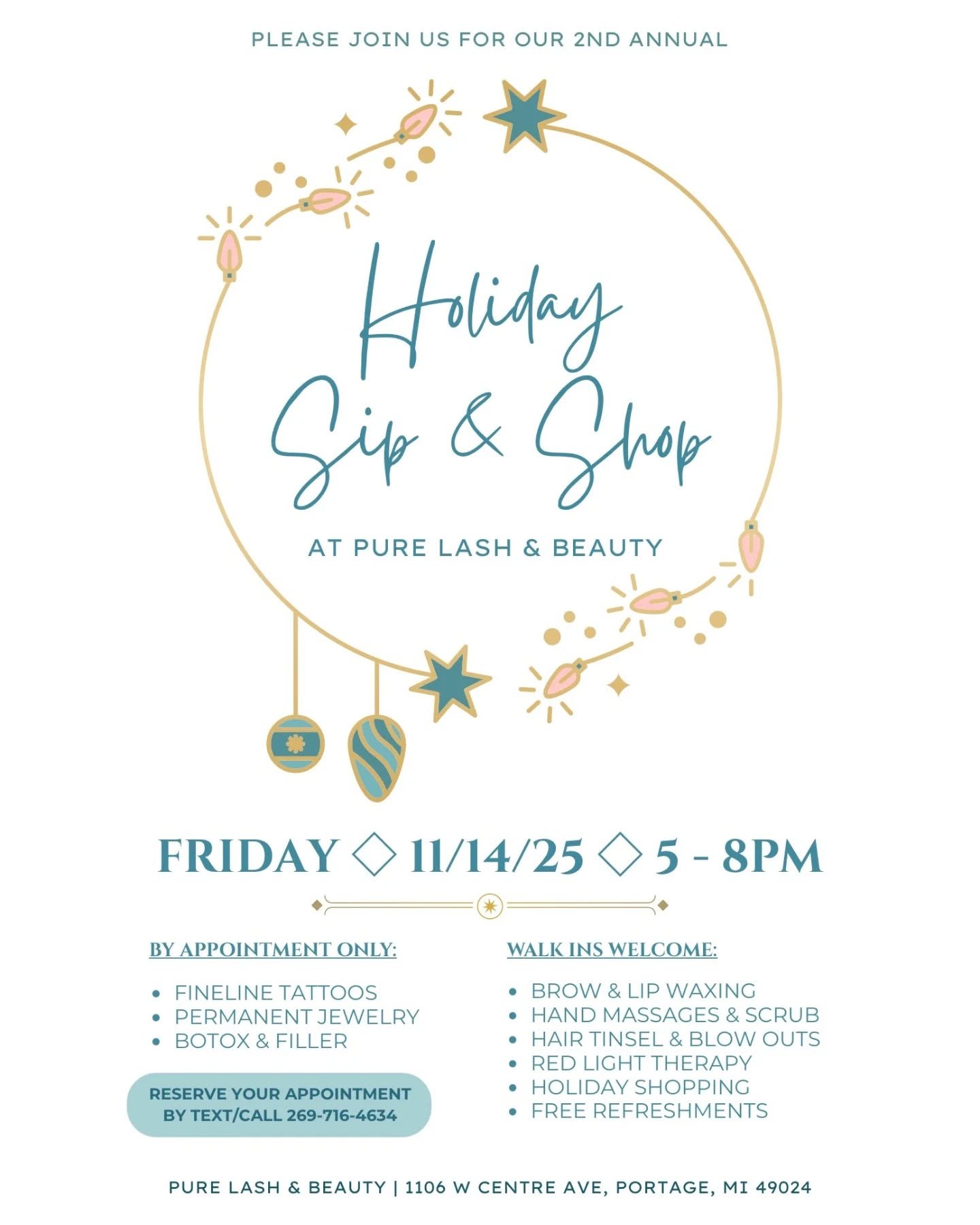 ✨ Sip, shop &amp; glow into the holidays! ❄️⛄️✨️
Join us for our 2nd Annual Holiday Sip &amp; Shop &mdash; your night of beauty, sparkle &amp; self-care fun! 💫

🗓️ Nov 14 | 5&ndash;8PM
📍 Pure Lash &amp; Beauty &ndash; Portage, MI

💉 Botox &amp; f