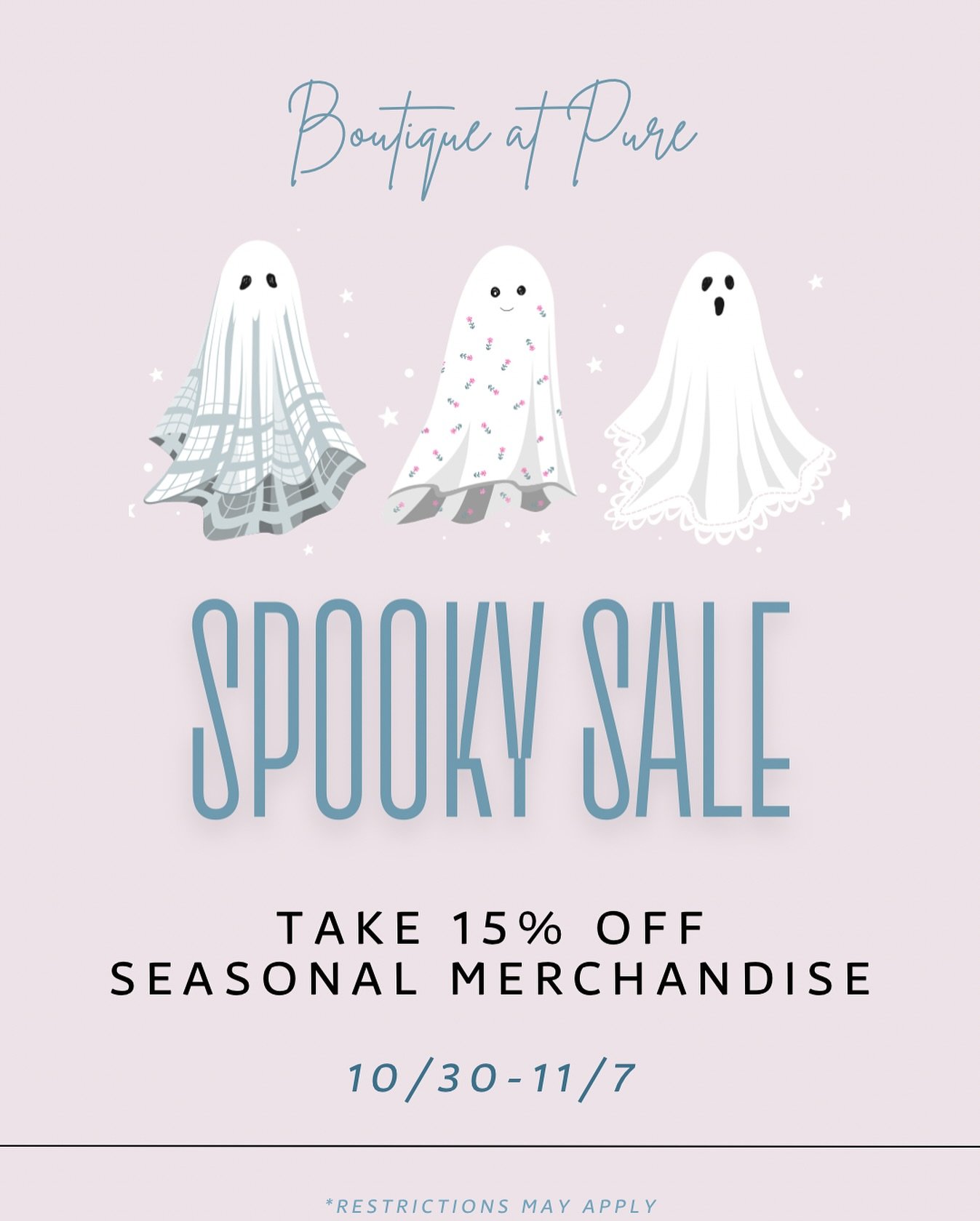 Spooky savings are here at Boutique at Pure 🖤
15% OFF Seasonal Merchandise | 10/31&ndash;11/7

Shop local &amp; don&rsquo;t miss out on these limited time deals 👻

#HalloweenSale #SpookySeason #FallVibes #AutumnAesthetic #SeasonalMerch #HolidayRead