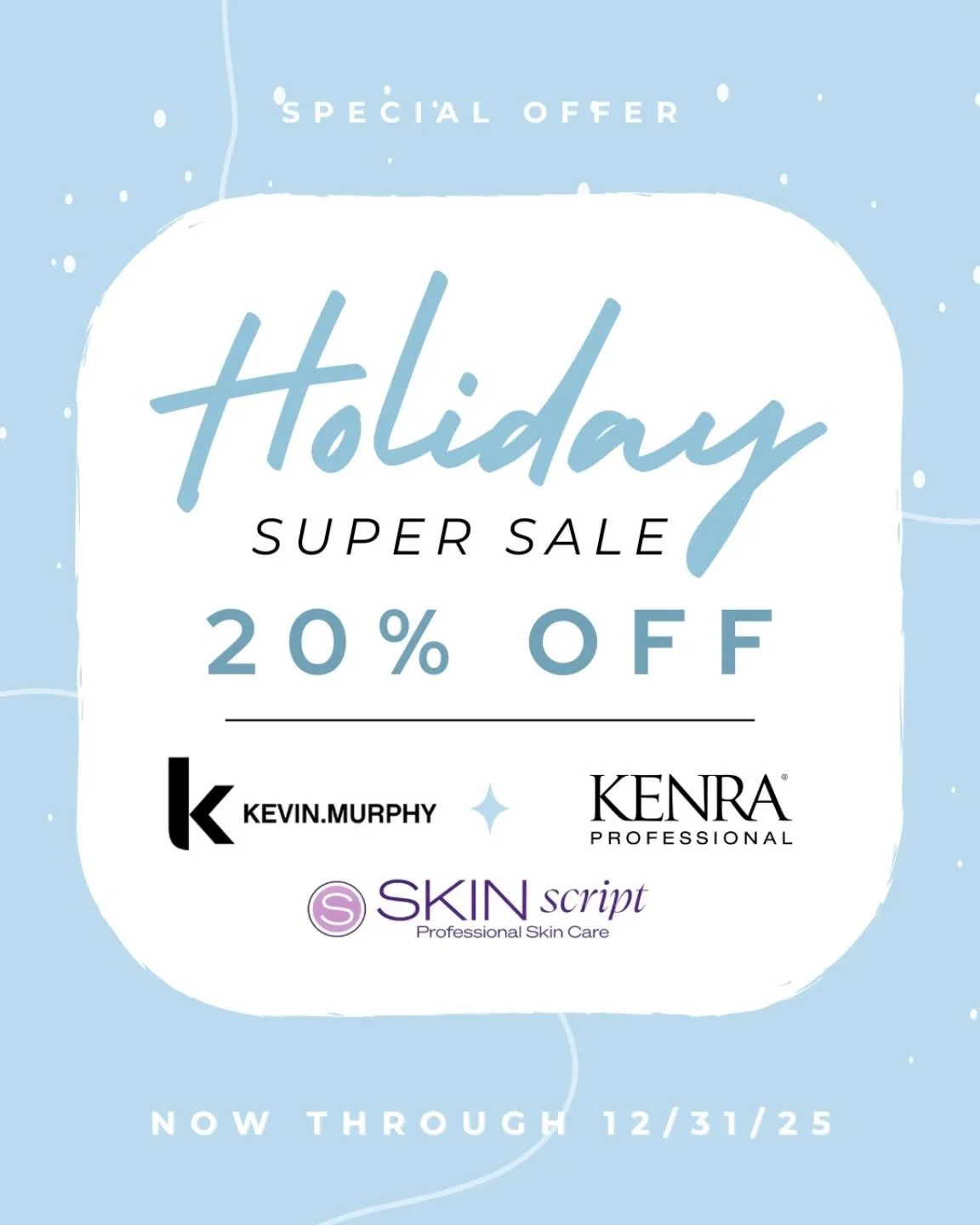 ✨️❄️HOLIDAY SALE ALERT❄️✨️
Now through 12/31 receive 20% OFF all Kevin Murphy, Kenra Professional &amp; SkinScript products only at Pure!

This is the best time to stock up on all of your Skin &amp; Hair Care favs for yourself or your loved ones 🌟⛄️