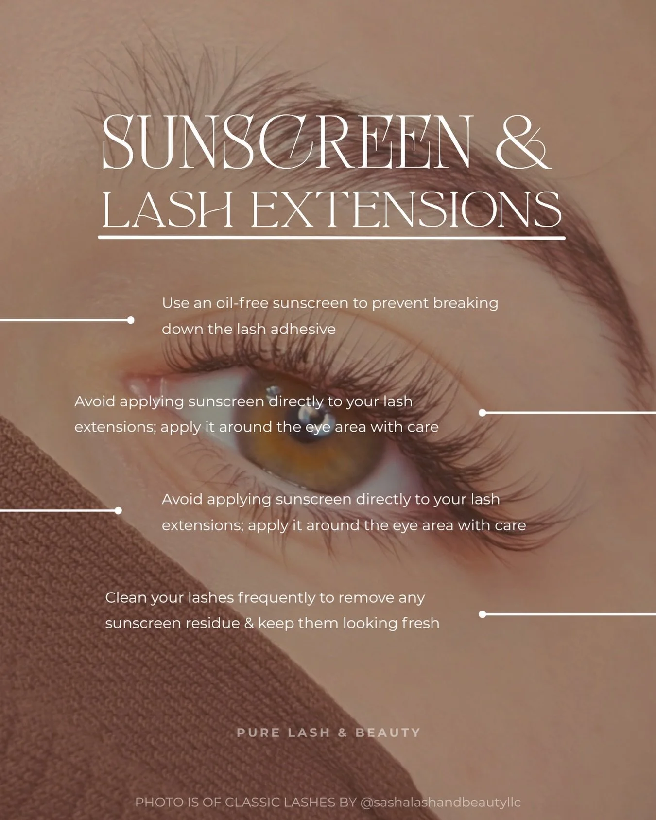 Protect your glow and your lash game by following these tips &mdash; be sure to use an oil-free sunscreen to protect your extension retention!

Stunning lashes by @sashalashandbeautyllc &mdash; book your next set with her via the link in our bio!

#l