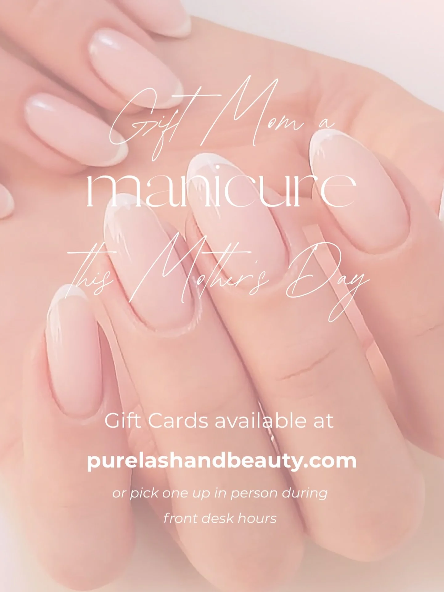 Pamper the hard working mom&rsquo;s in your life with the beautiful nails they deserve 💅 purchase a Pure Lash &amp; Beauty gift card on our website purelashandbeauty.com
Gift cards can go towards any of our beauty services, facial, manicures, hair, 