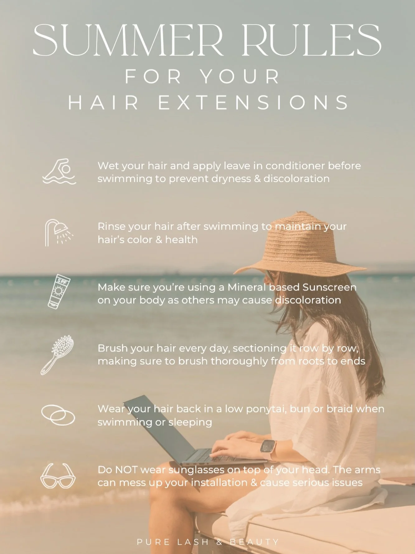 Keep your Extensions healthy this summer with these tips 🩱👙🍉☀️🏝️

Interested in Extensions? Book a free consult with one of our talented Hair Professionals at Pure Lash &amp; Beauty, link in bio 🔗 

#hairextensions #hairstylist #hairextensiontip