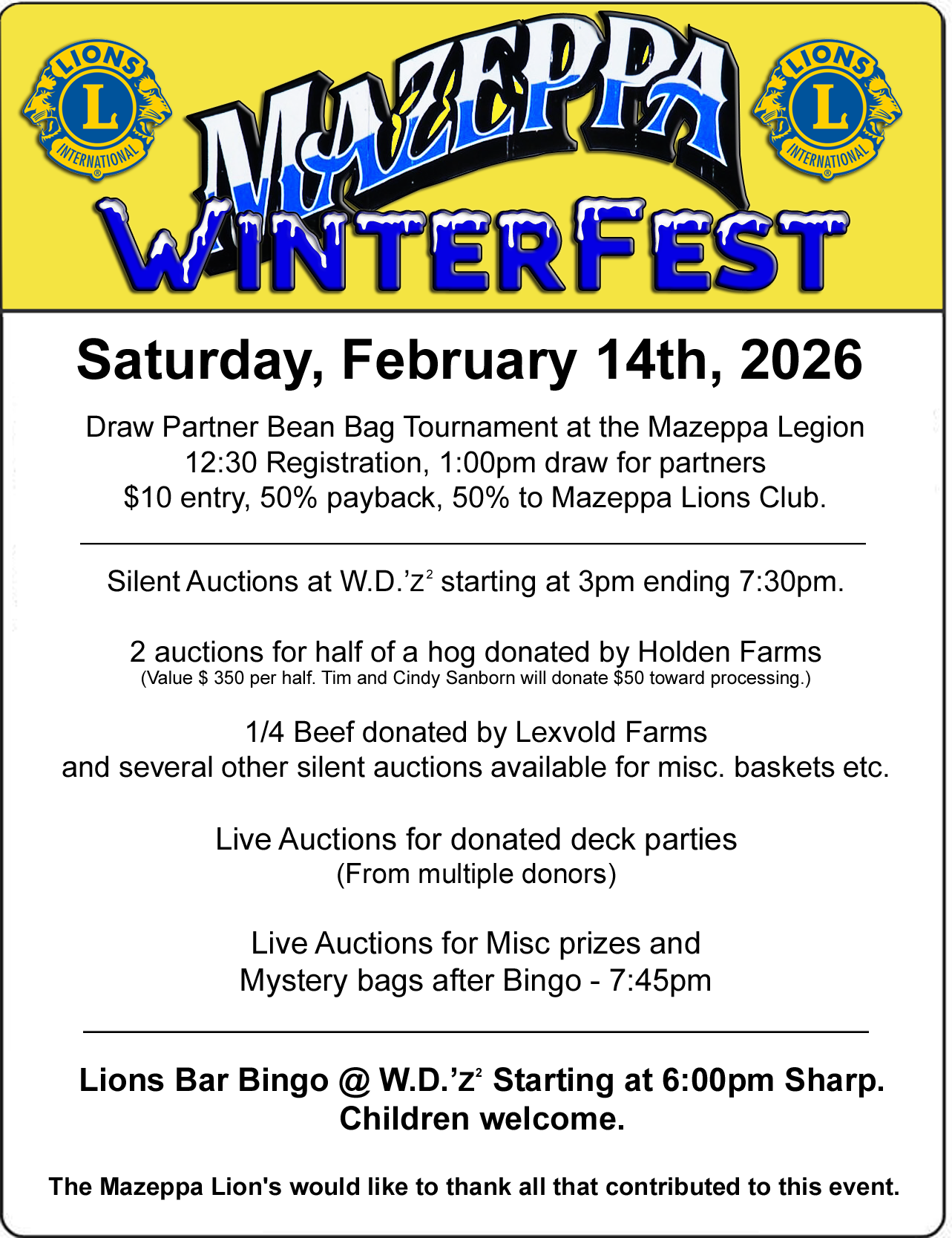 Event flyer for Muzeppa WinterFest on February 14, 2026, featuring Lions International logo, event details including tournaments, silent auctions, and bingo, with a yellow background and bold black text.