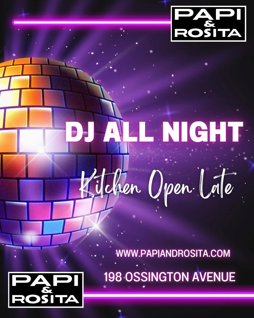 🎧 Vibes all night, bites &lsquo;til late. Let&rsquo;s dance, drink, and do it right at Papi &amp; Rosita. 💃✨