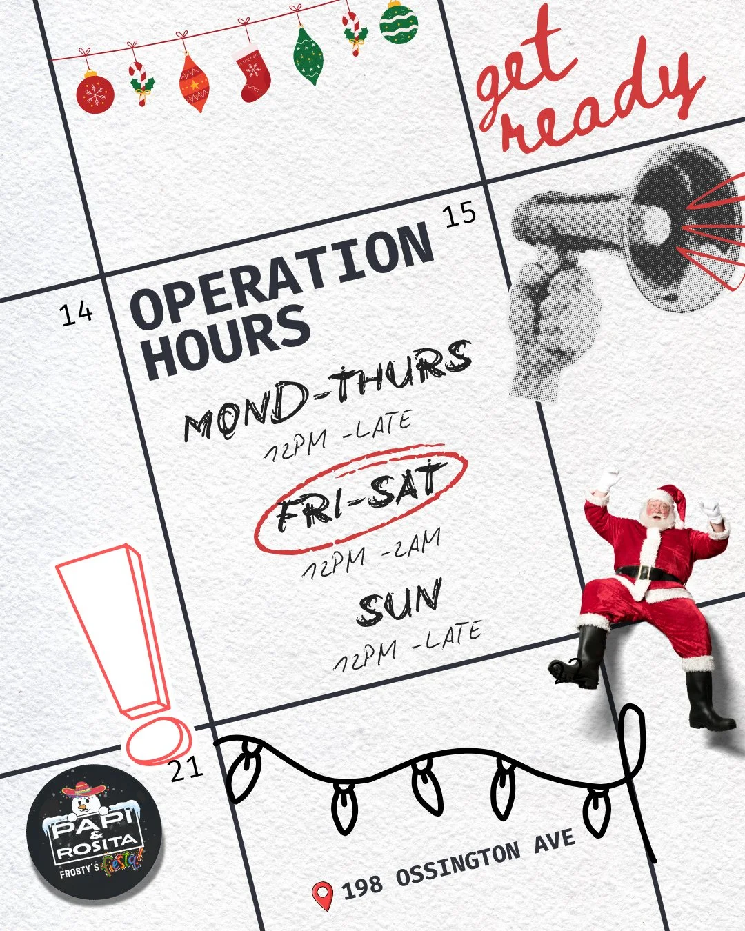📅🎉 Here are our operation hours so you don&rsquo;t miss out on the fun at Frosty&rsquo;s Fiesta, only on Ossington! 🕒✨ #FrostysFiesta #OssingtonFun #HolidayHours🎄❤️