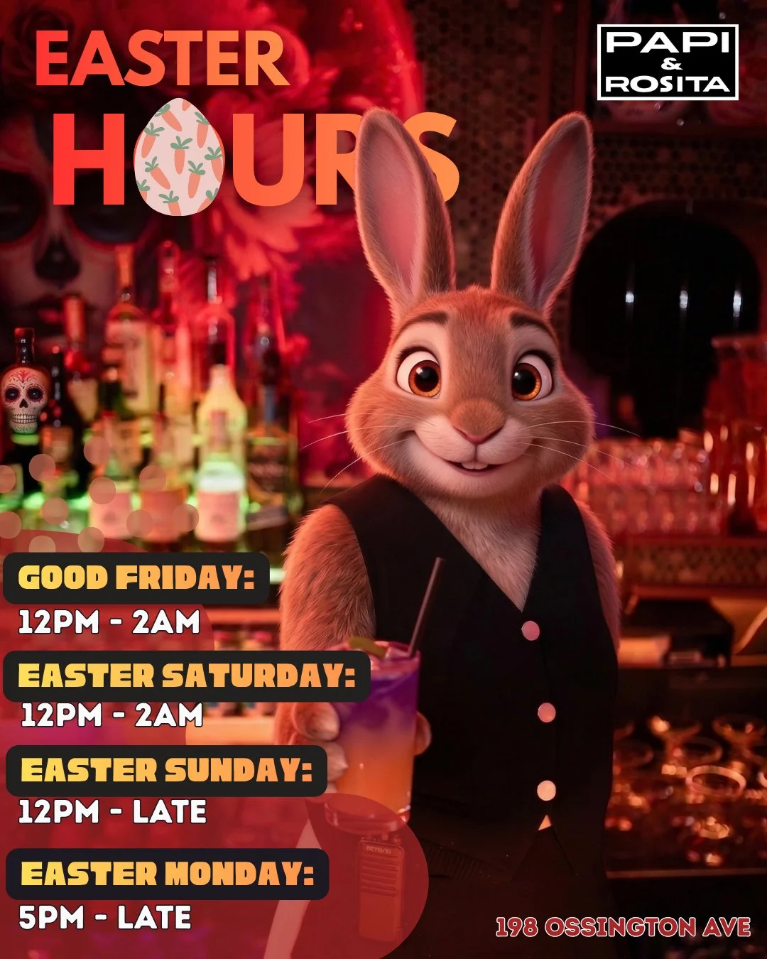 No days off this Easter 🐰🍹

We&rsquo;re open all weekend! Come hang out with us!

📍198 Ossington