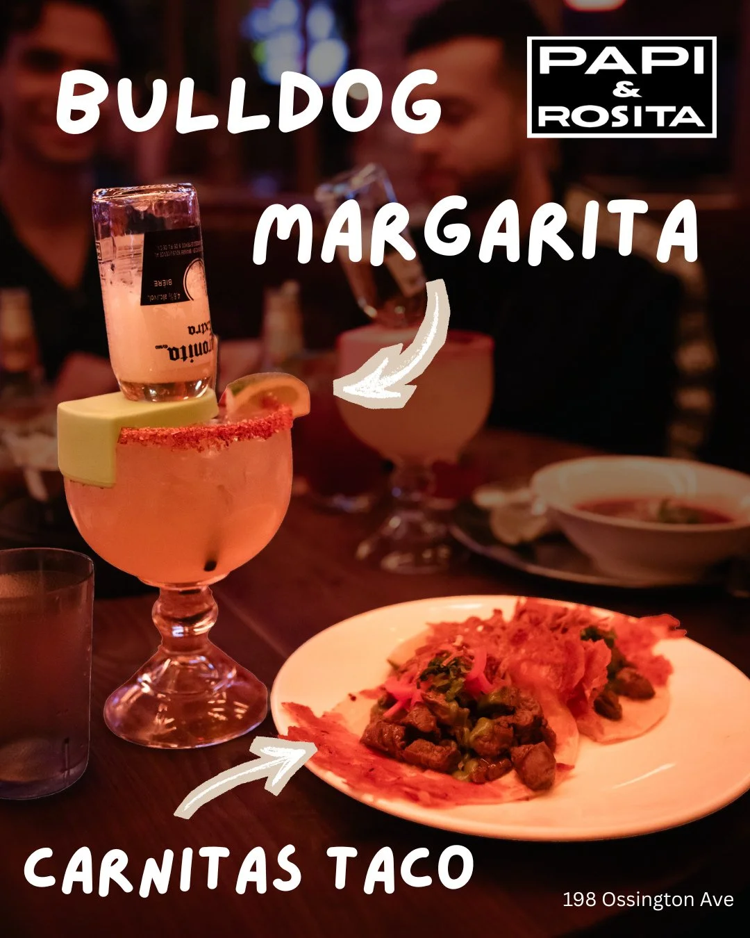 Chillin with our favoriteBulldog  margaritas and tacos! 🐶🌮 Who needs a fiesta when you have a bulldog and some mouthwatering carnitas? #TacoTuesday #Bulldogmargarita