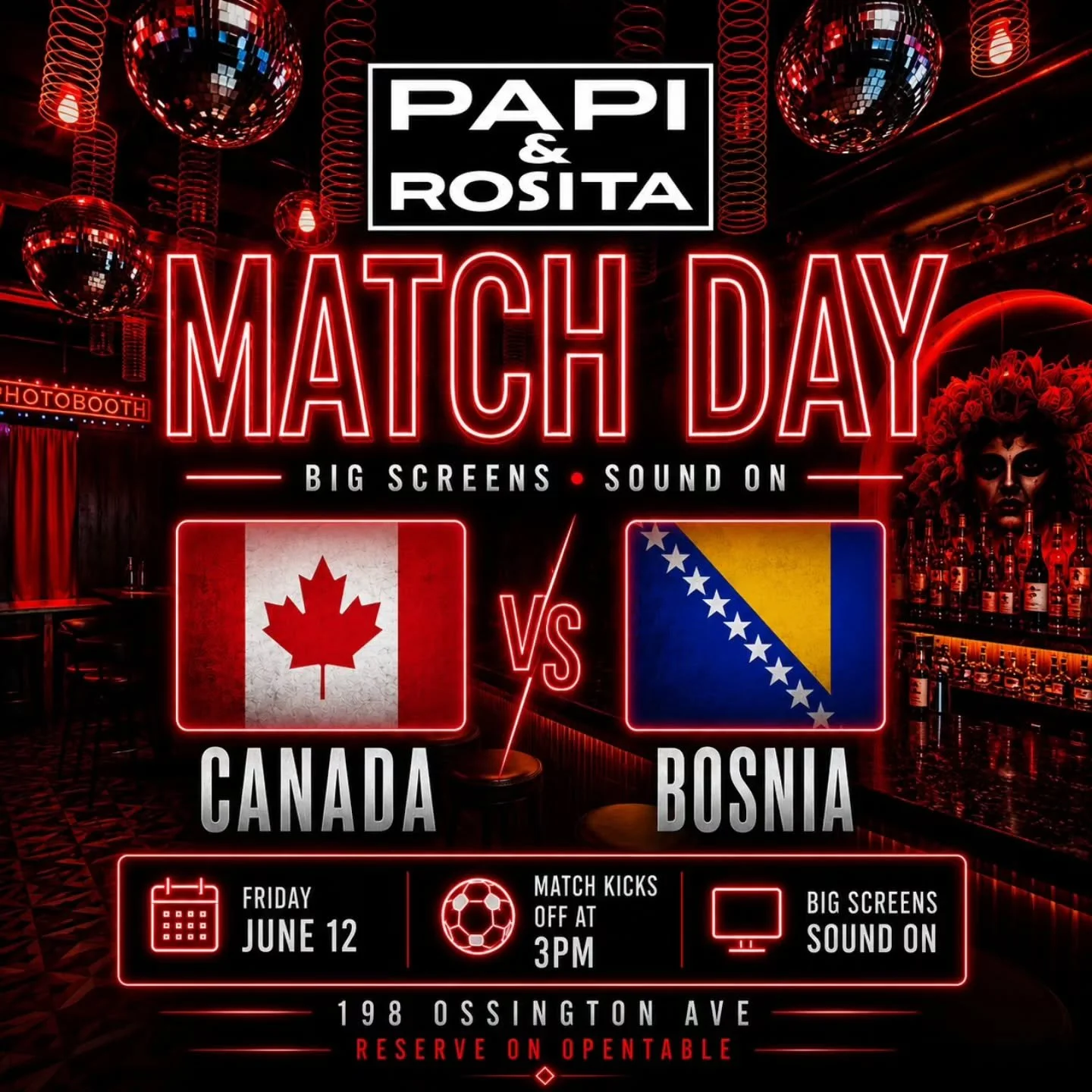 🇨🇦 TORONTO... YOU'RE UP!

The first match played in Toronto is almost here, and we're turning Papi &amp; Rosita into match central!!

Canada takes on Bosnia this Friday at 3PM and we're showing it LIVE with sound on, cold drinks flowing, and the en