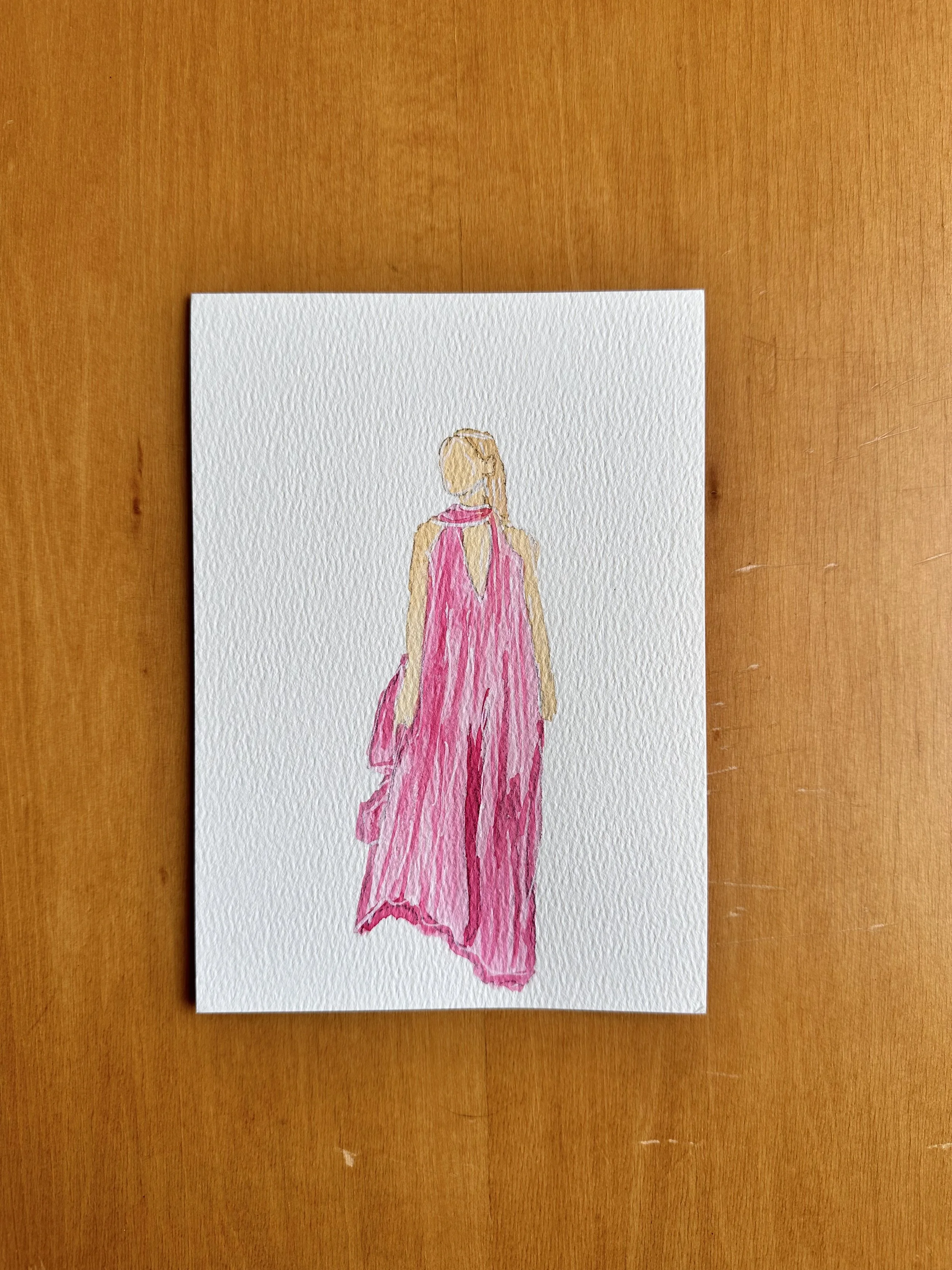 Watercolor sketch of a woman in a pink dress walking away, holding a purse.