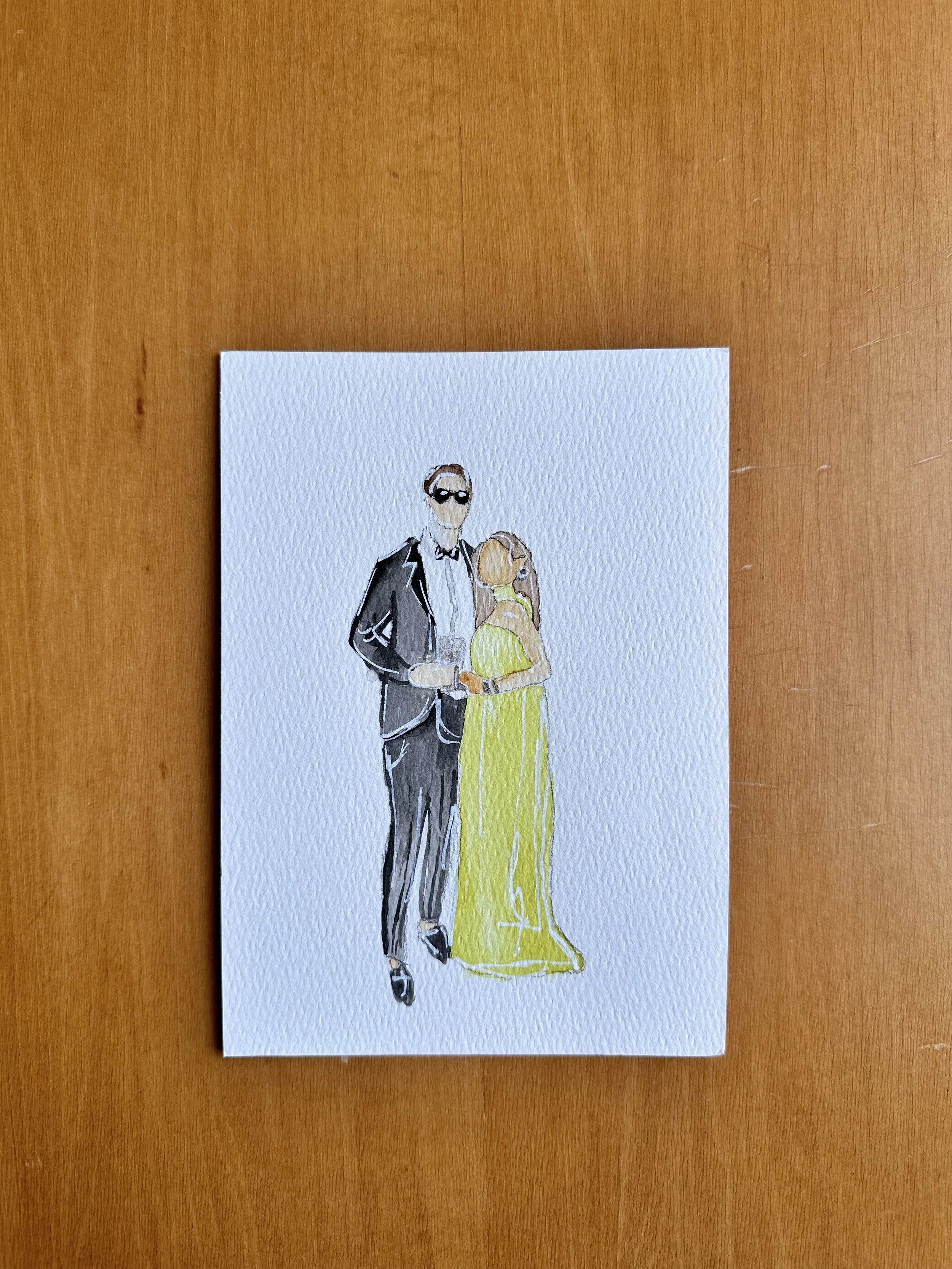 Watercolor painting of a man and woman dressed in formal attire, standing close together, with the man wearing a tuxedo and sunglasses and the woman wearing a yellow gown and holding hands.