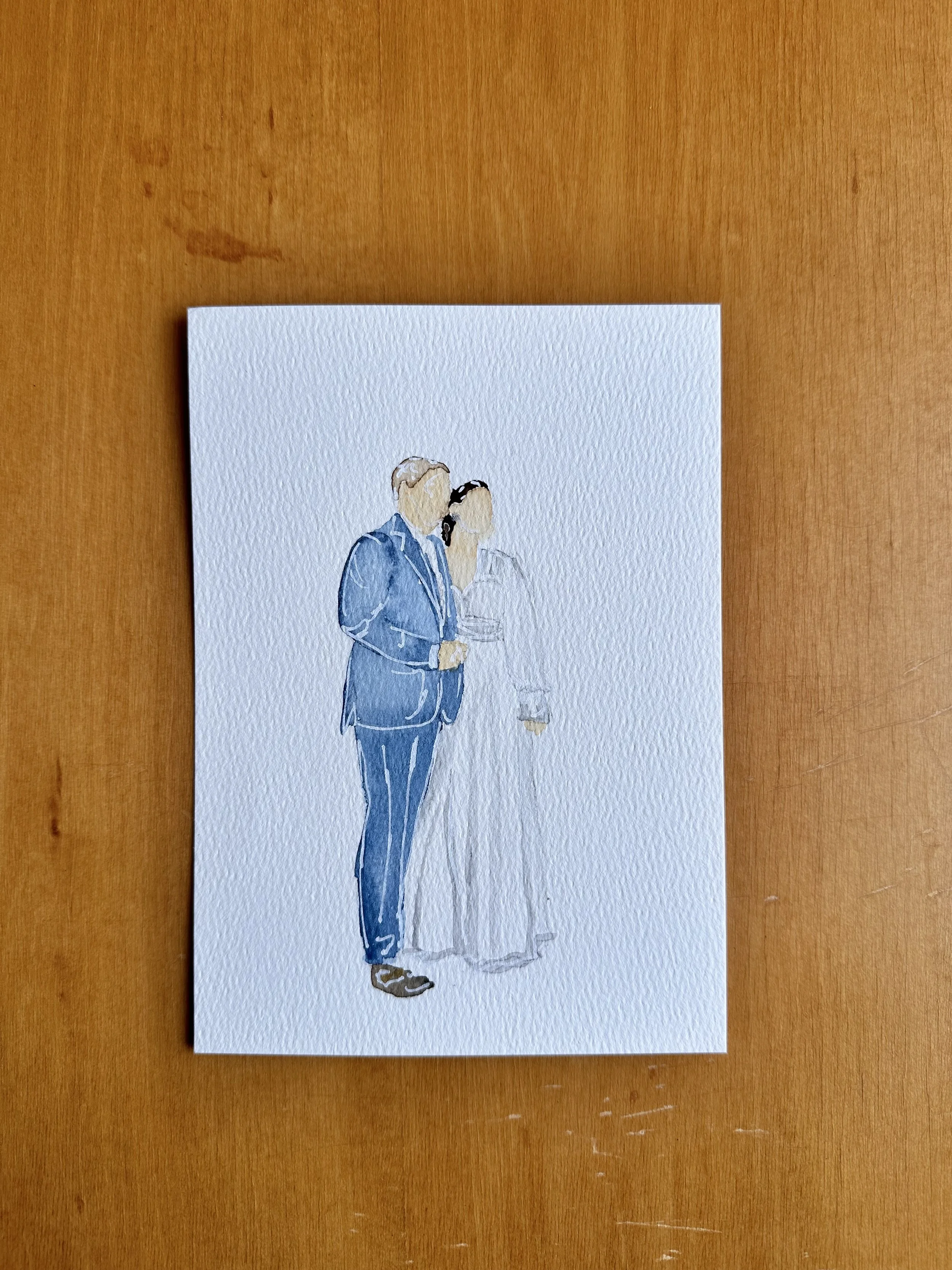 A watercolor painting of a man and woman dressed in formal attire, standing closely together outdoors, holding glasses of wine.