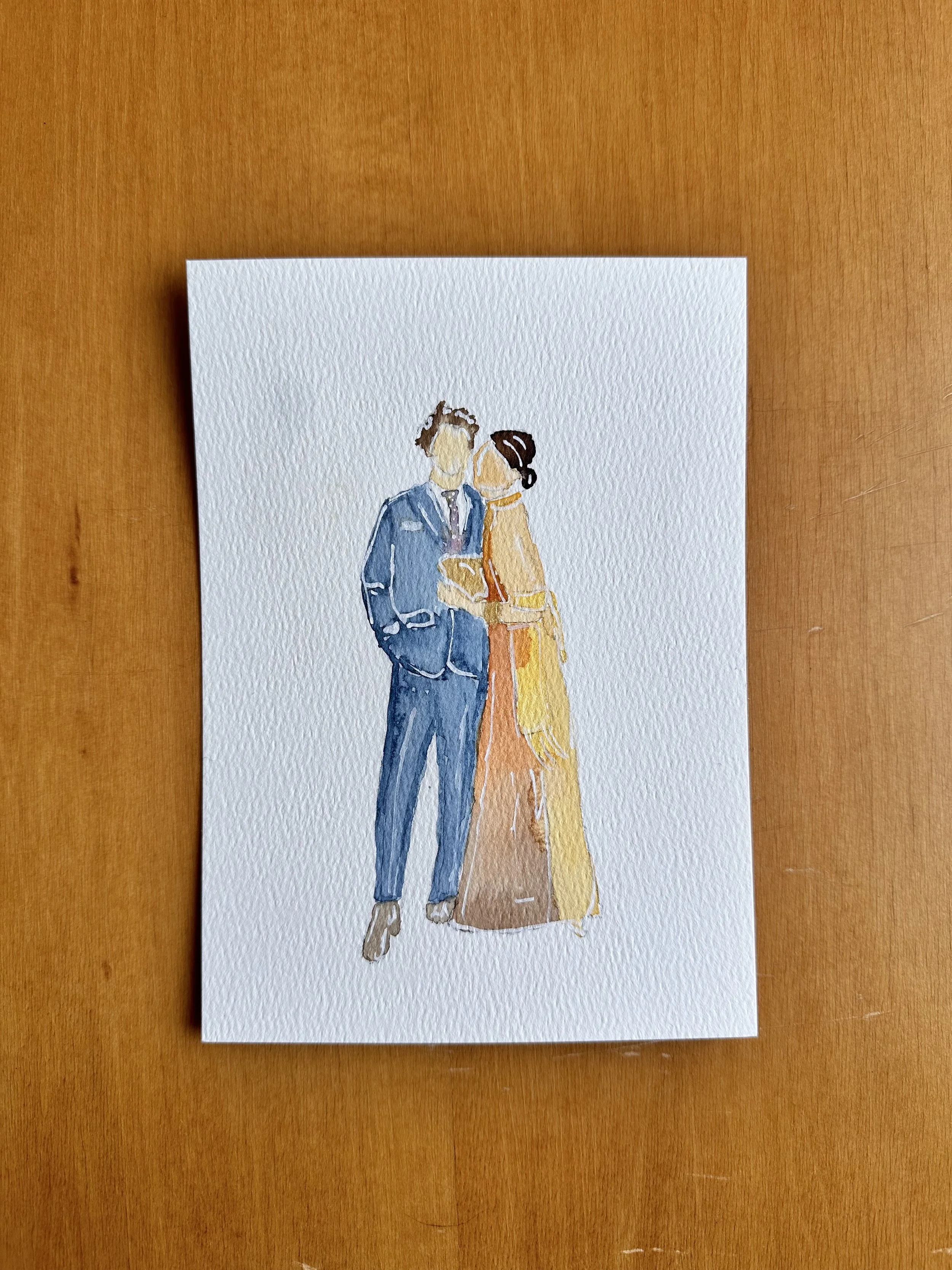 Watercolor painting of a man and woman dressed in formal attire. They are standing close together, the woman leaning towards the man. The man is wearing a blue suit, and the woman is in an orange and yellow dress.