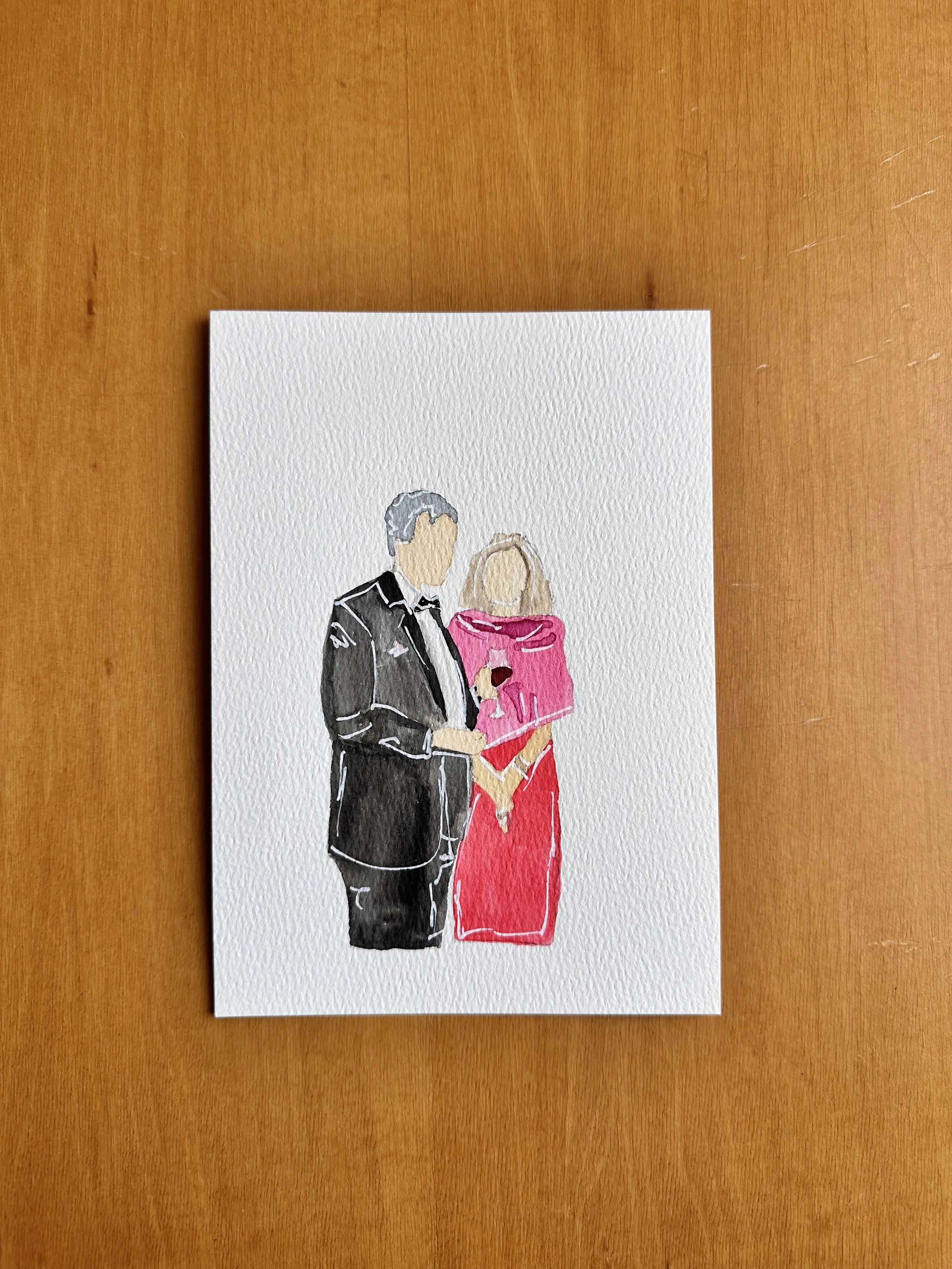 Watercolor illustration of a man in a formal tuxedo and a woman in a pink dress with a pink shawl, holding a glass of wine.