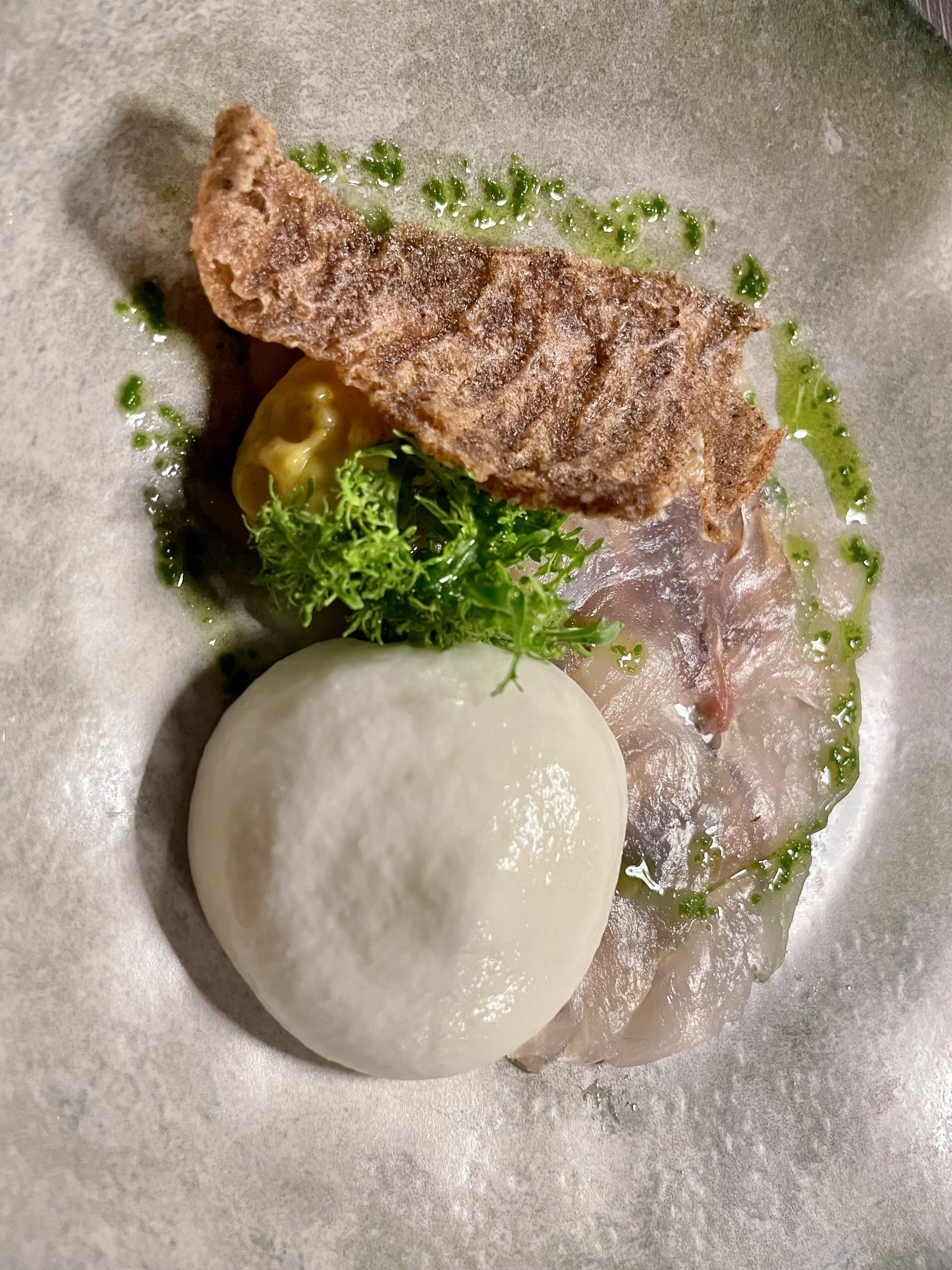 Chef-prepared seasonal seafood starter served at the table d'hôte at La Traversée.