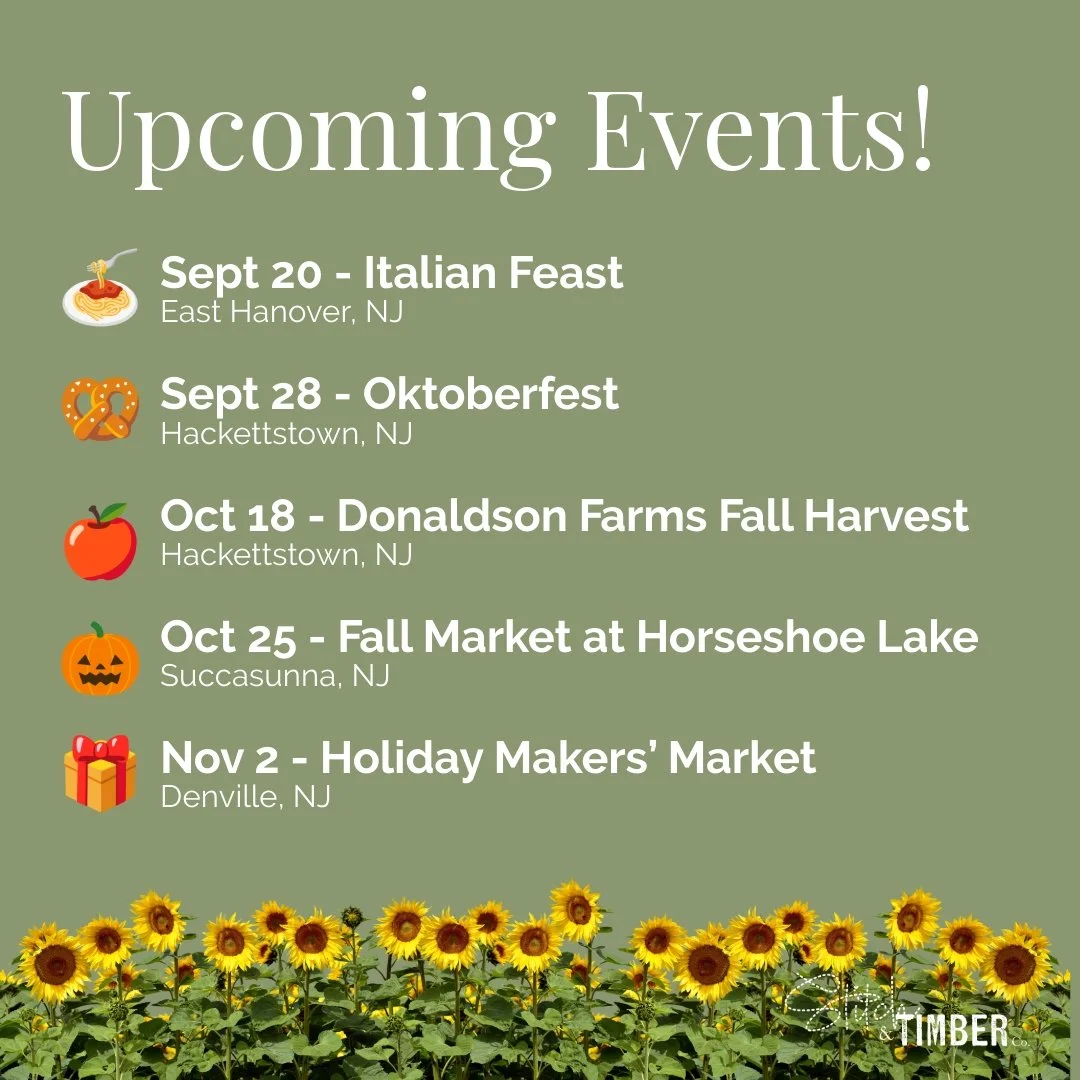 We’re hitting the road! π
Late summer and fall vibes are calling, and Stitch & Timber Co. is answering with a lineup of events you won’t want to miss! From pasta-filled fun at East Hanover’s Italian Feast to pumpkin-packed mar