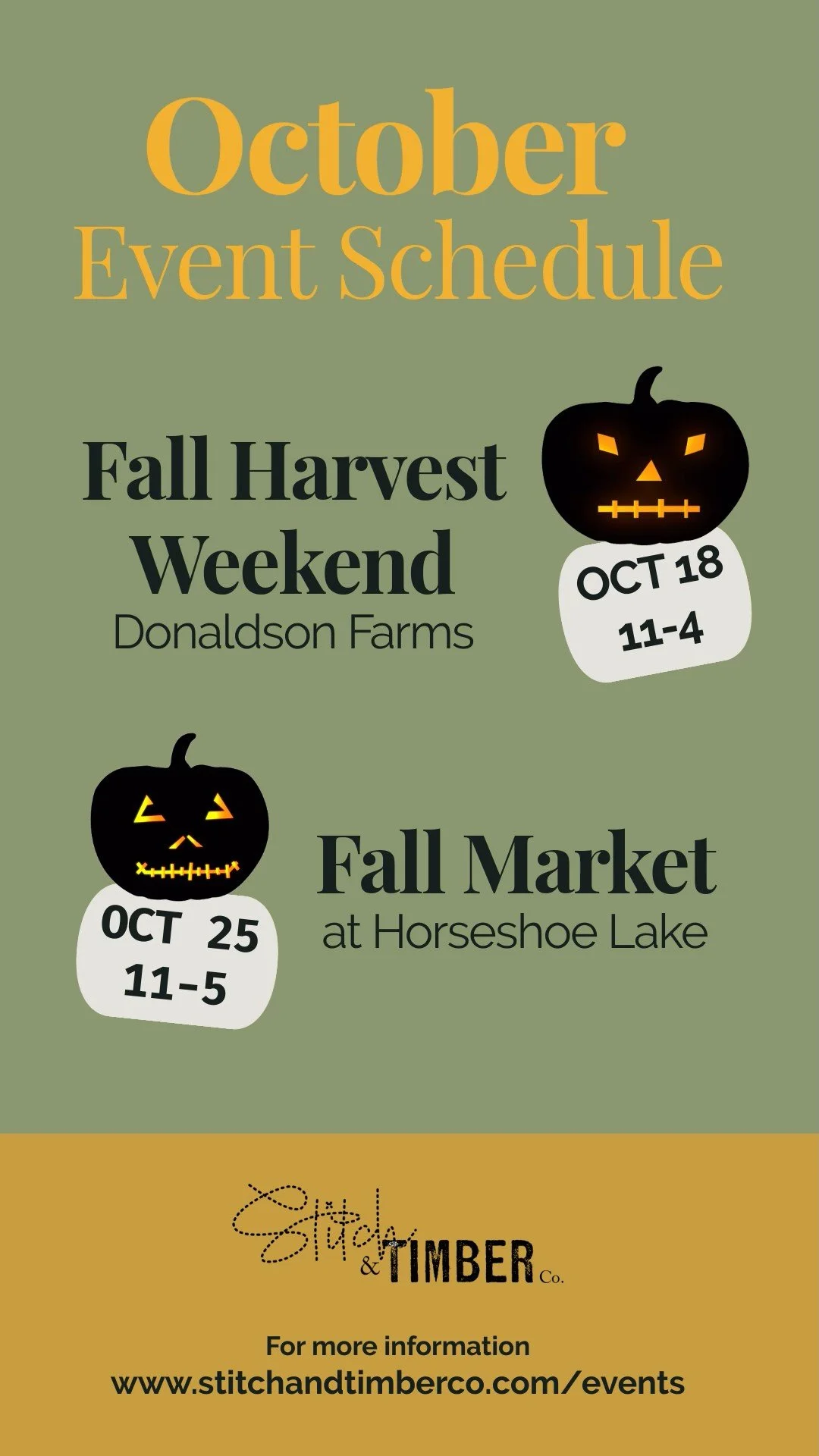 Your fall mood? We’ve got it covered. ππ»ππΈοΈπ
β¨ Oct 18 – Donaldson Farms
β¨ Oct 25 – Horseshoe Lake
Expect fall favorites, fresh designs, and a hint of Halloween spirit.
#SpookySeason #FallMarkets #StitchAndTimberCo