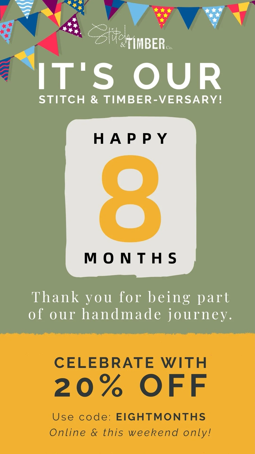 Celebrating 8 months of Stitch & Timber Co.!
It's hard to believe we've been creating, connecting, and crafting for 8 months! π Your support — every like, comment, and order — has fueled our handmade dream. We couldn't have done it