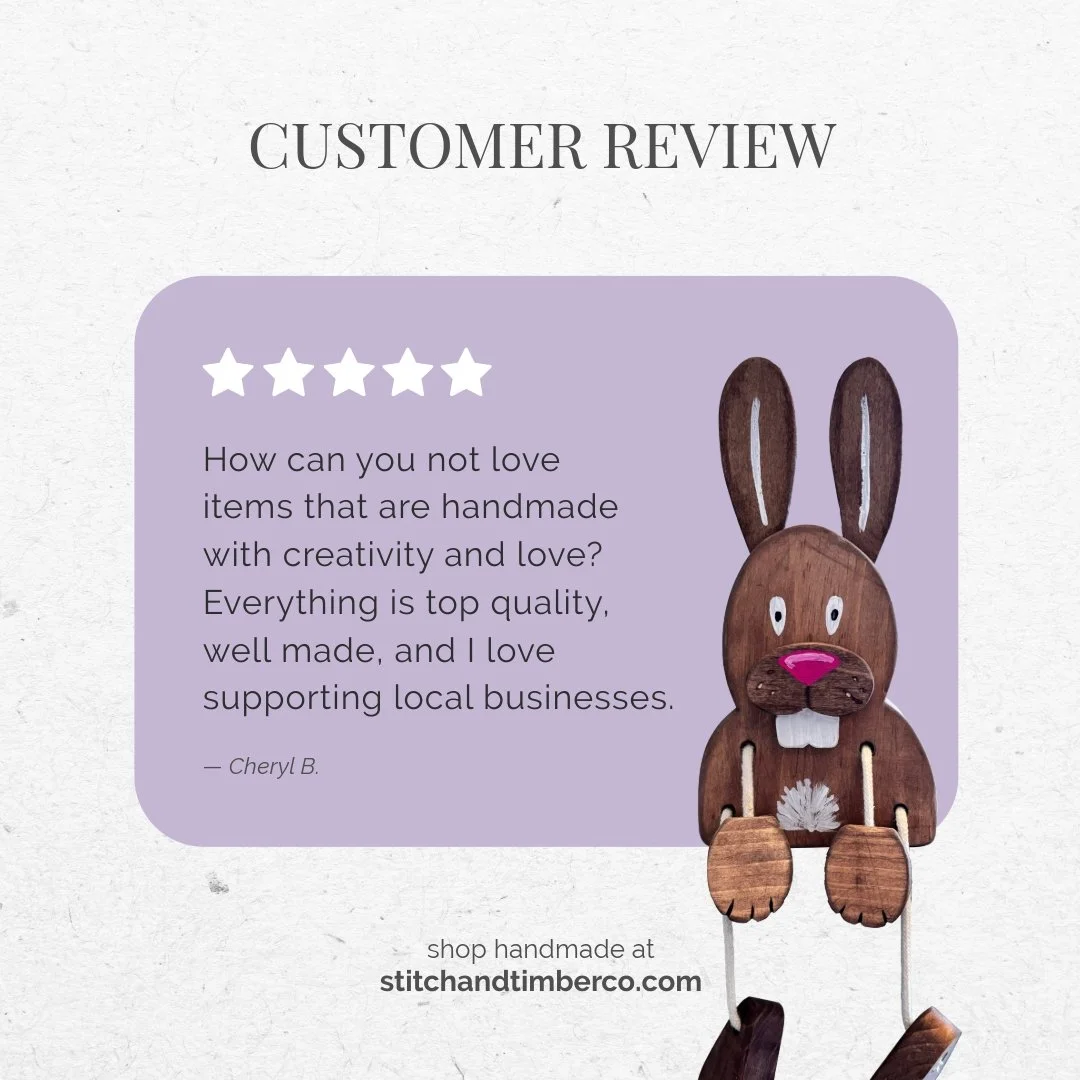 Kind words like this mean so much to our little business 🤍
Everything we make is handmade with care, creativity, and a whole lot of love &mdash; so hearing this never gets old.

Thank you so much, Cheryl 🐰✨

Shop handmade at stitchandtimberco.com
L