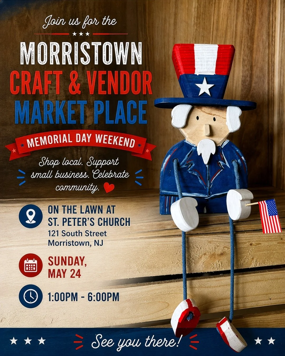 🇺🇸 Memorial Day Weekend market season is officially here ❤️🤍💙

Come spend your Sunday with us at the Morristown Craft &amp; Vendor Market Place next weekend! We&rsquo;ll be bringing a booth full of handmade Americana + summer favorites, including