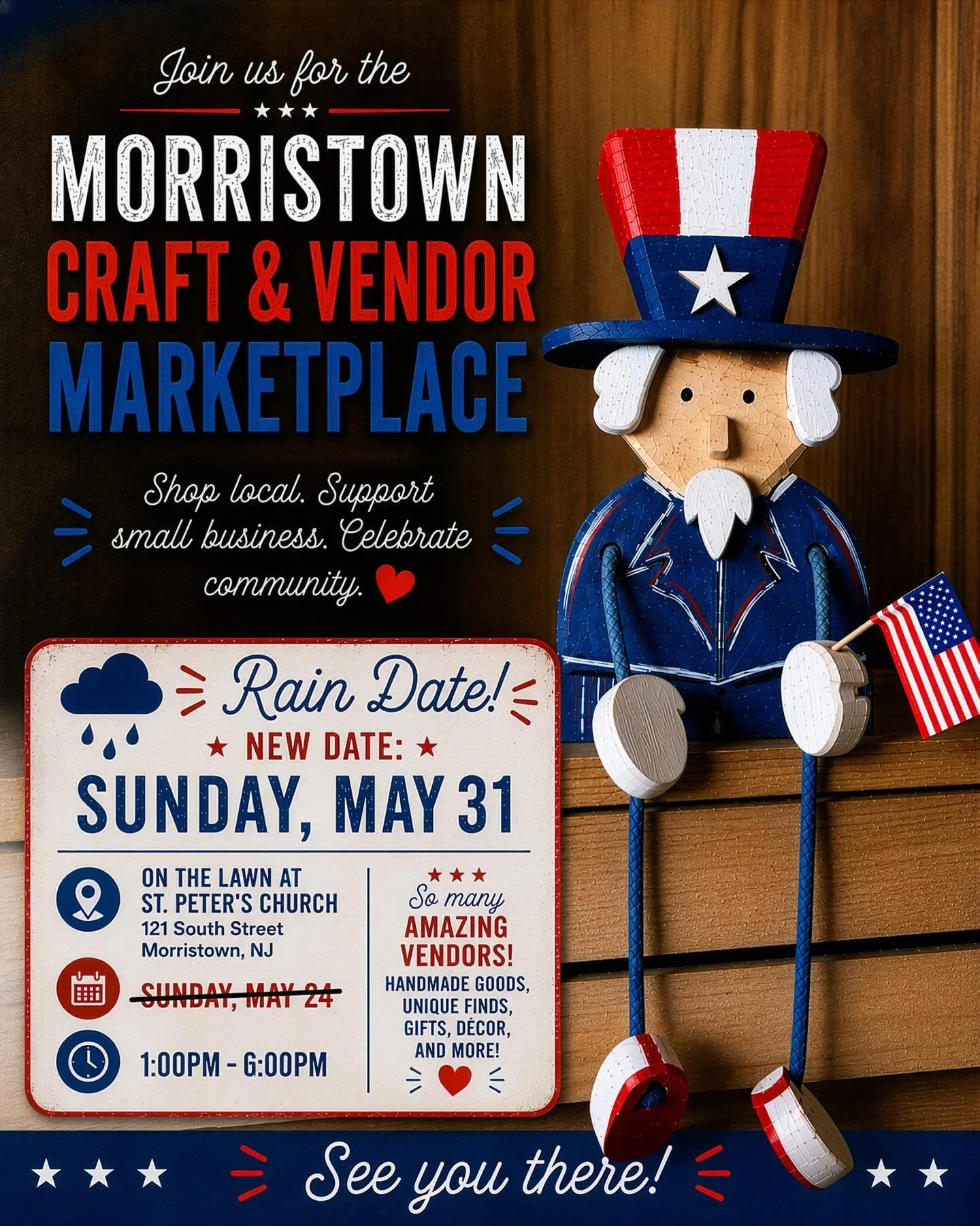 ☔️ Rain date!

Due to the weather this weekend, The Morristown Craft &amp; Vendor Marketplace has been moved to Sunday, May 31st

🗓️ Sunday, May 31
⏰ 1PM - 6PM
📍St. Peter&rsquo;s Church, Morristown

We&rsquo;ll still be there with lots of handmade 